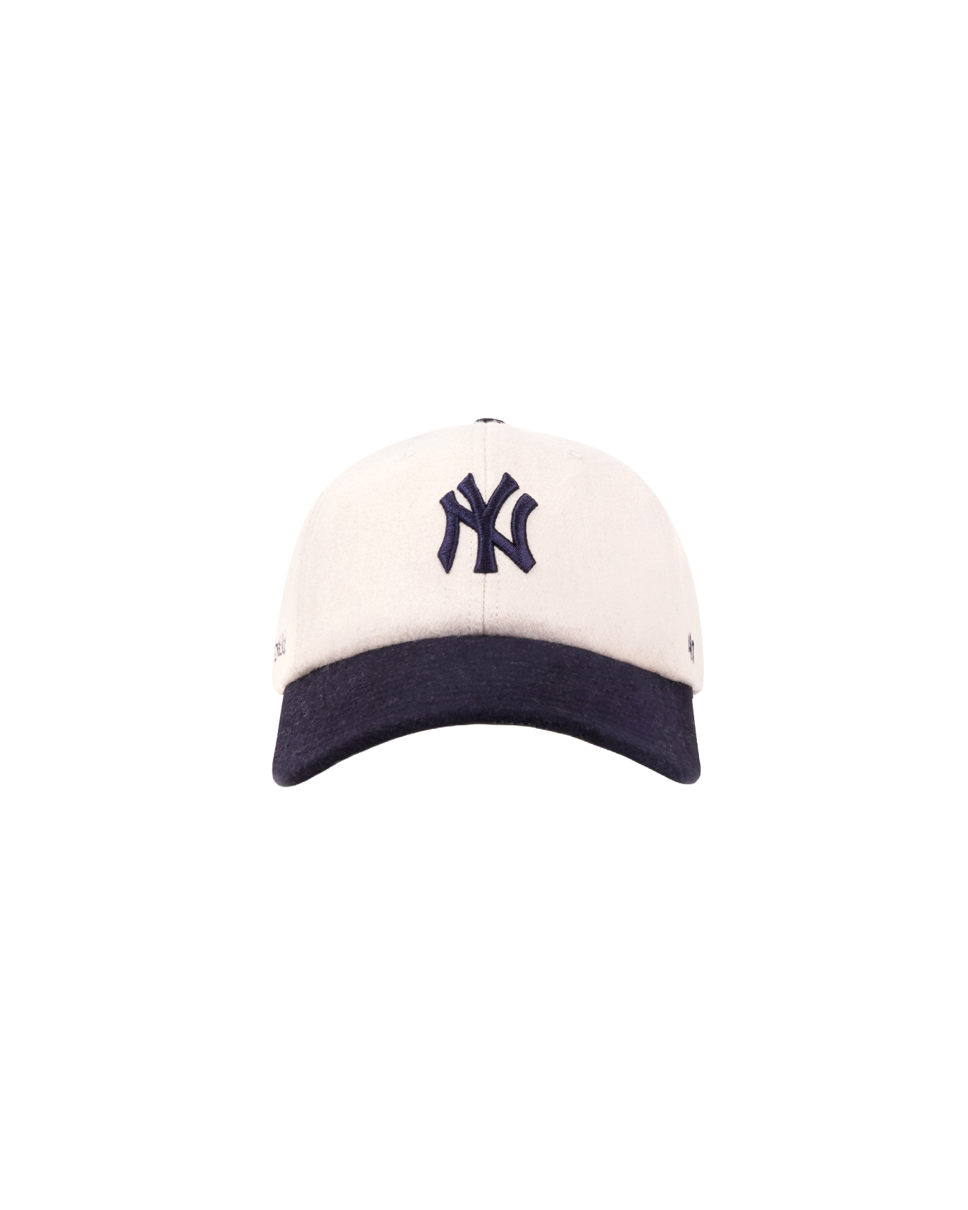 Casquette Sporty & Rich Yankees laine écru visière bleu marine logo NY face