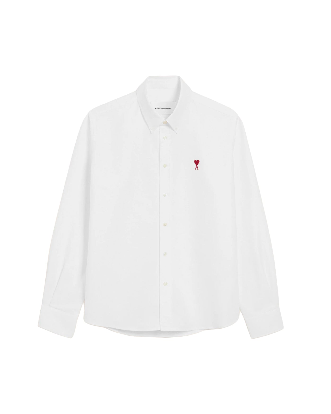 Chemise AMI Paris blanche unie logo cœur rouge col boutonné vue face