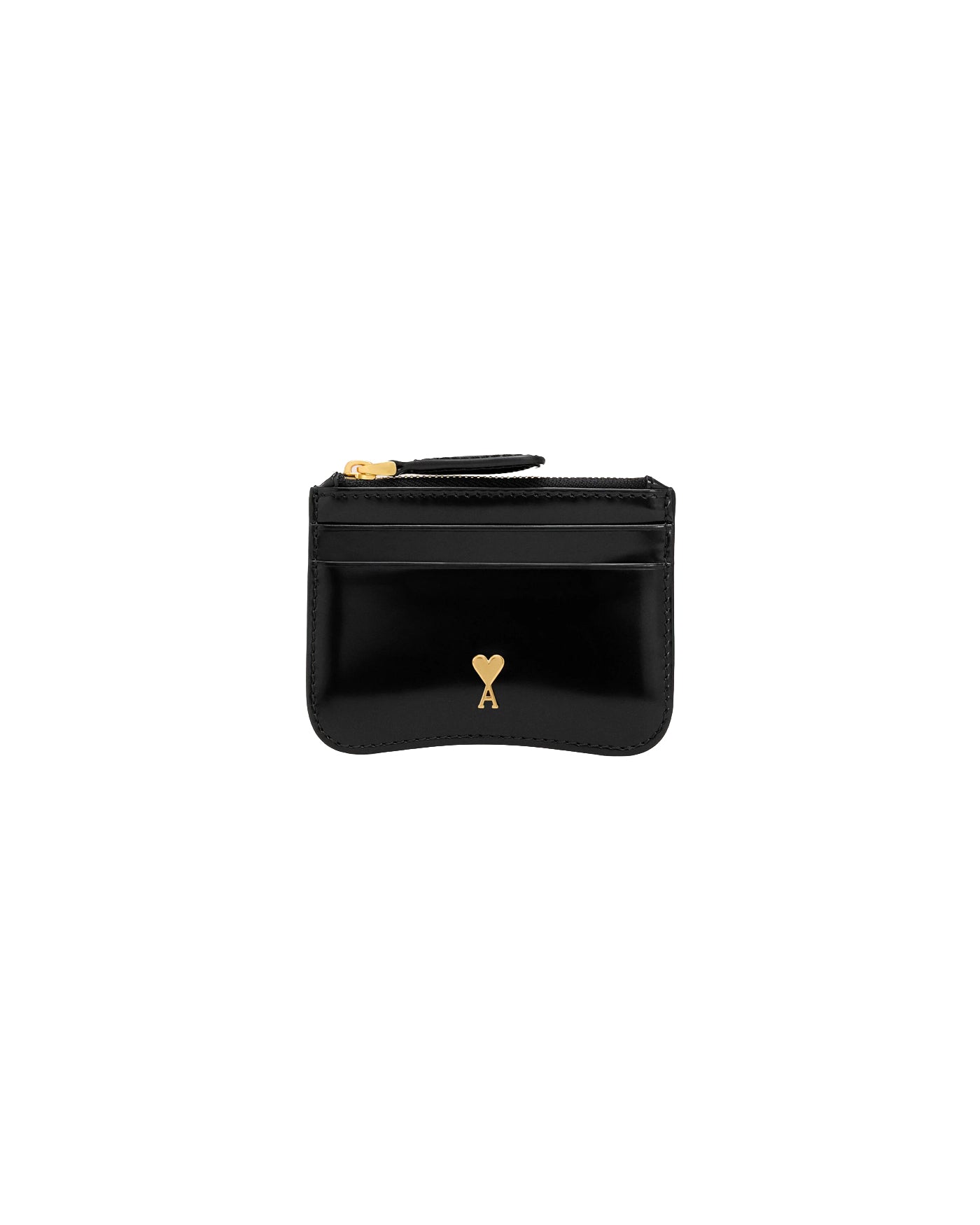 Porte-cartes zippé en cuir verni noir Ami Paris logo doré face
