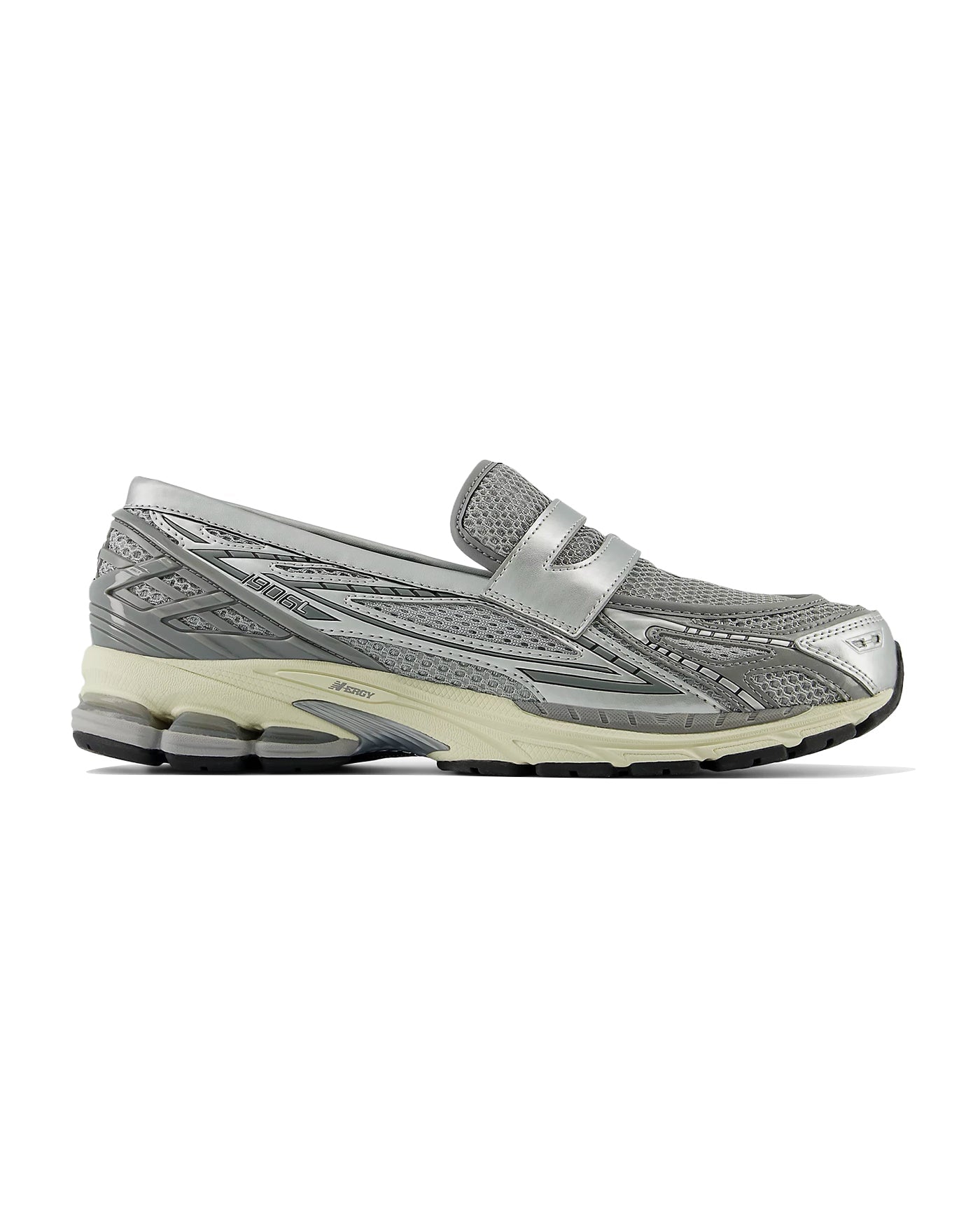 Sneakers New Balance 1906L argentées et grises style mocassin profil gauche