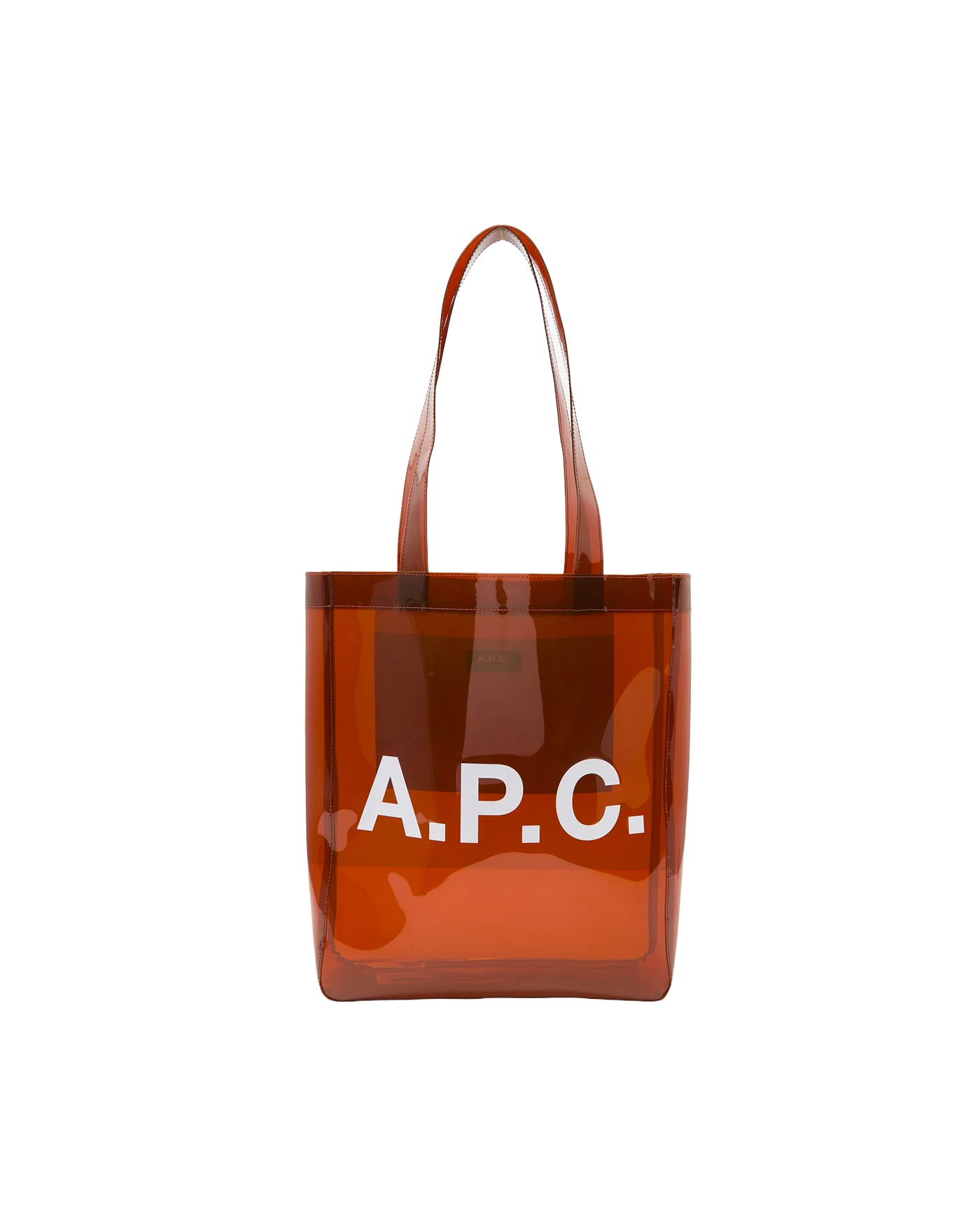 Tote bag A.P.C. Lou vinyle transparent marron logo blanc vue de face