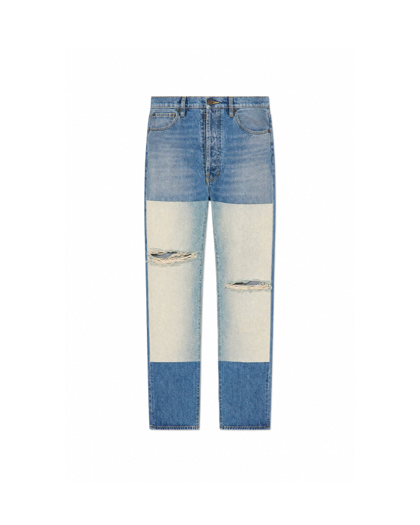 Jeans Maison Margiela bleu patchwork bicolore déchiré aux genoux face