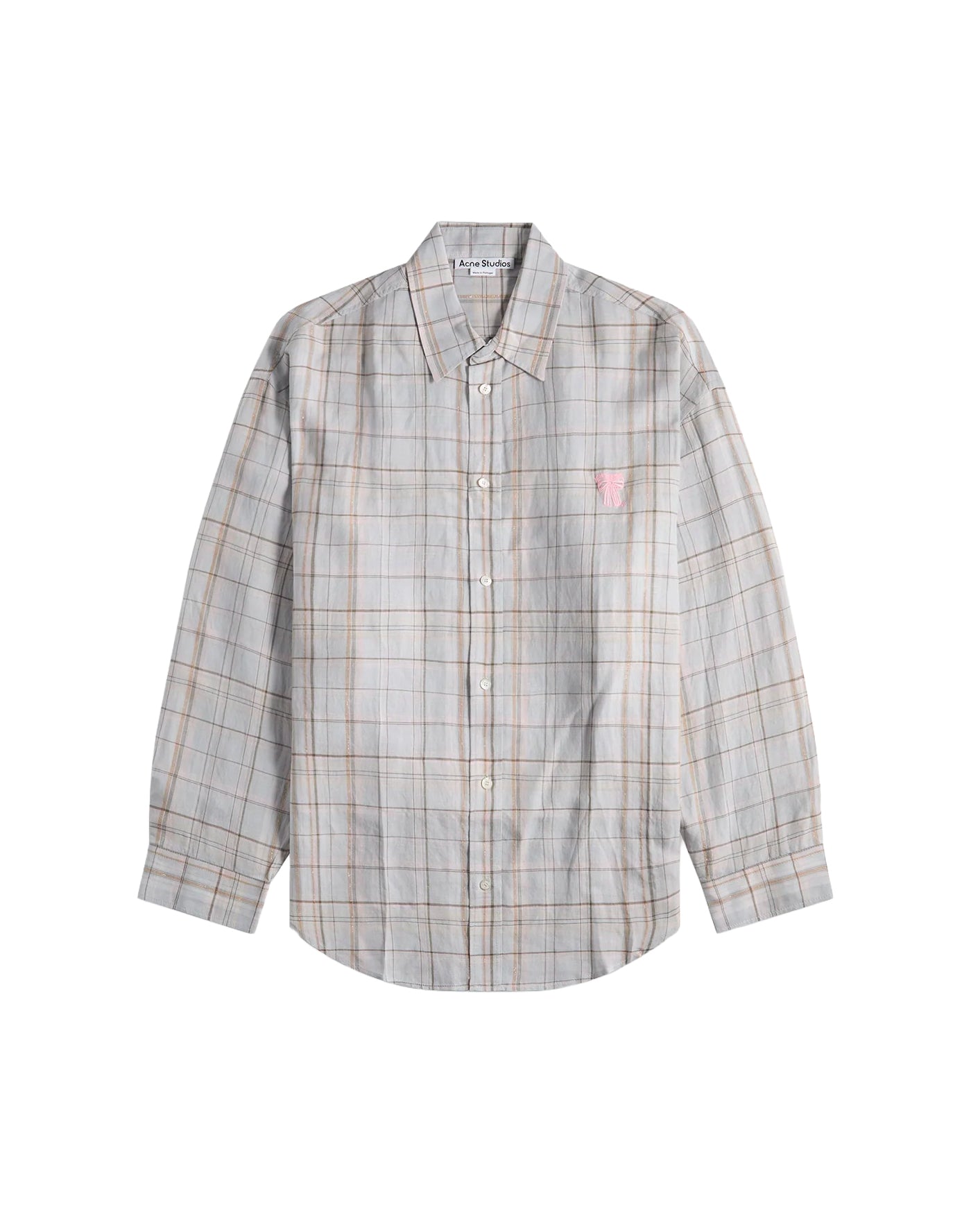 Chemise Acne Studios carreaux gris et rose logo brodé rose face