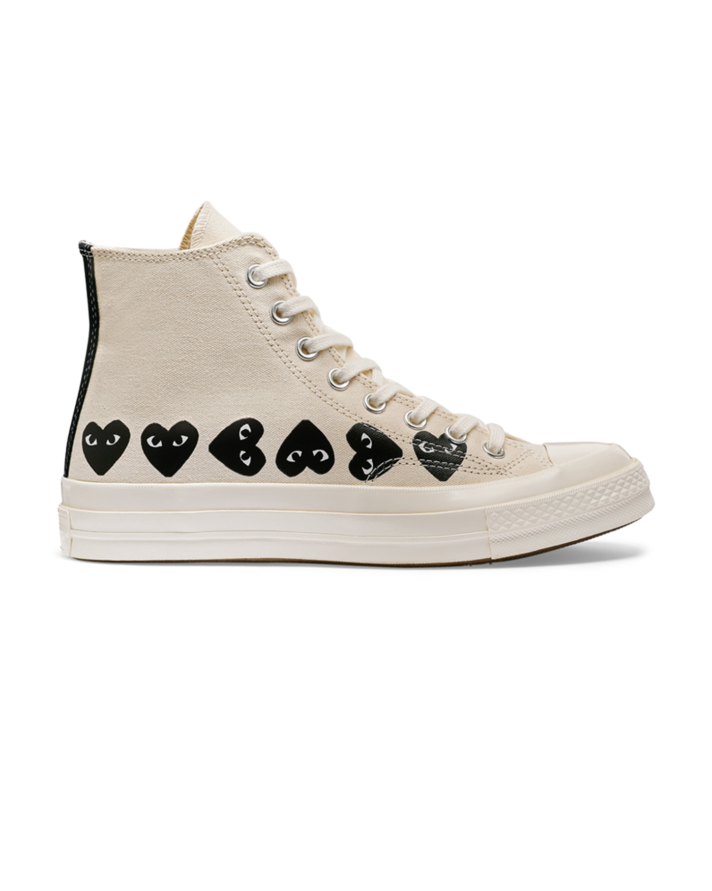 Sneakers Converse x Comme des Garçons Play Chuck 70 High écru multi-cœurs noirs profil gauche