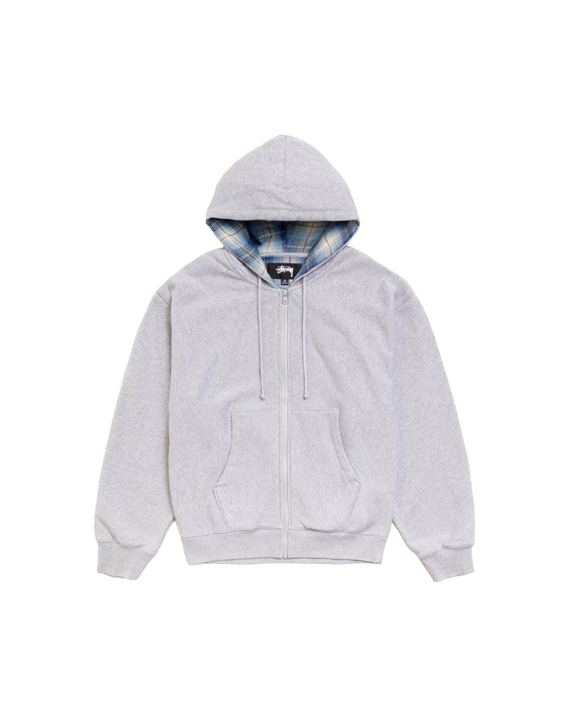 PLAID LINED ZIP HOOD GREY HEATHER