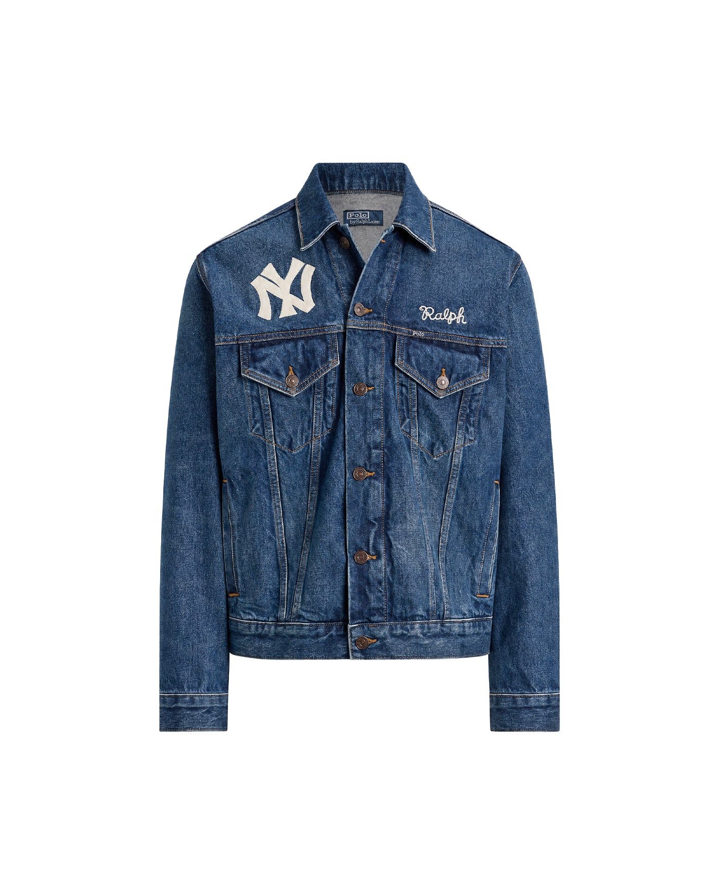 Veste en denim Ralph Lauren NY Yankees Elliots bleu indigo face portée