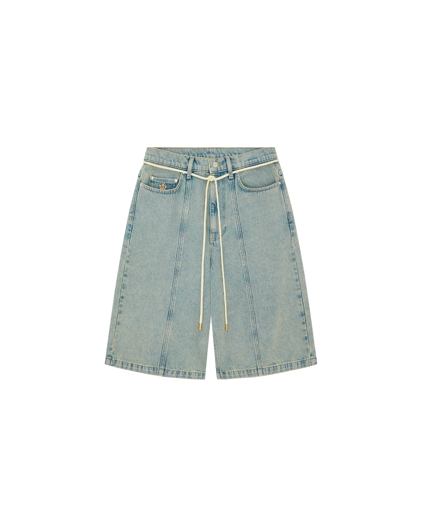 Short About:Blank en denim bleu clair avec cordon blanc, vue face