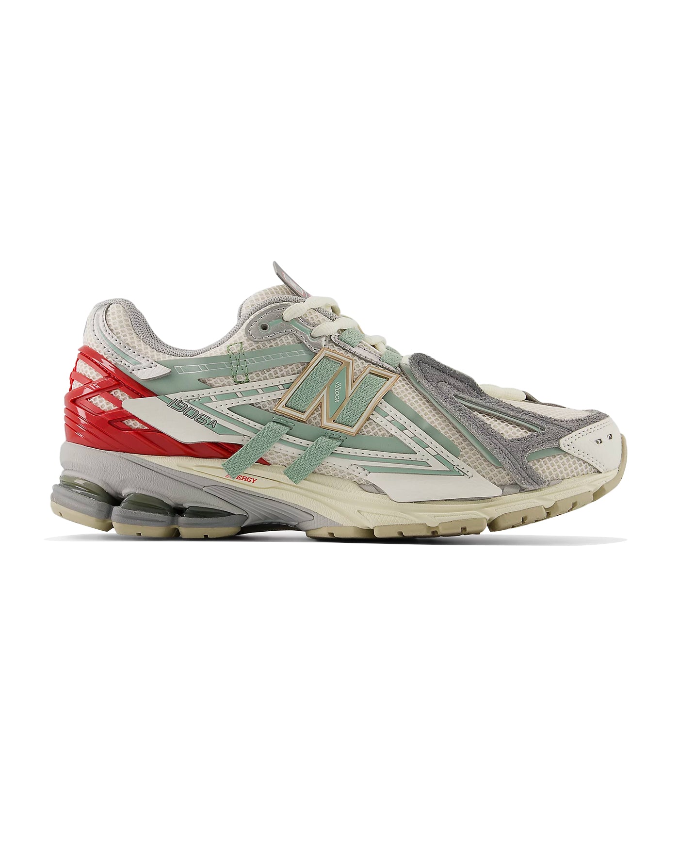 Sneakers New Balance 1906 blanc crème et rouge détails gris profil droit