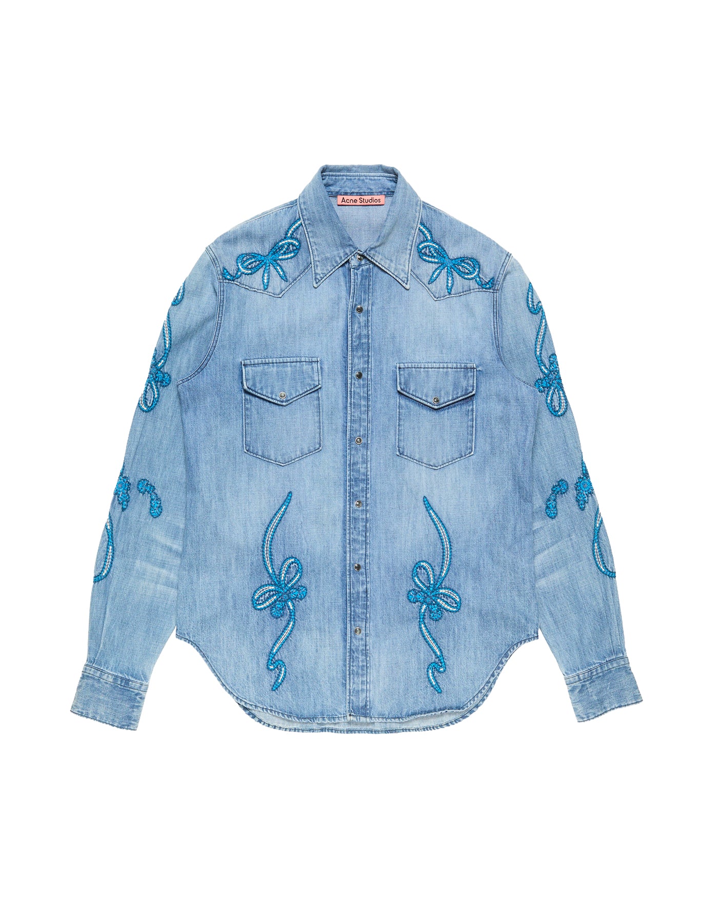 Chemise denim Acne Studios bleu clair broderies nœuds bleus face