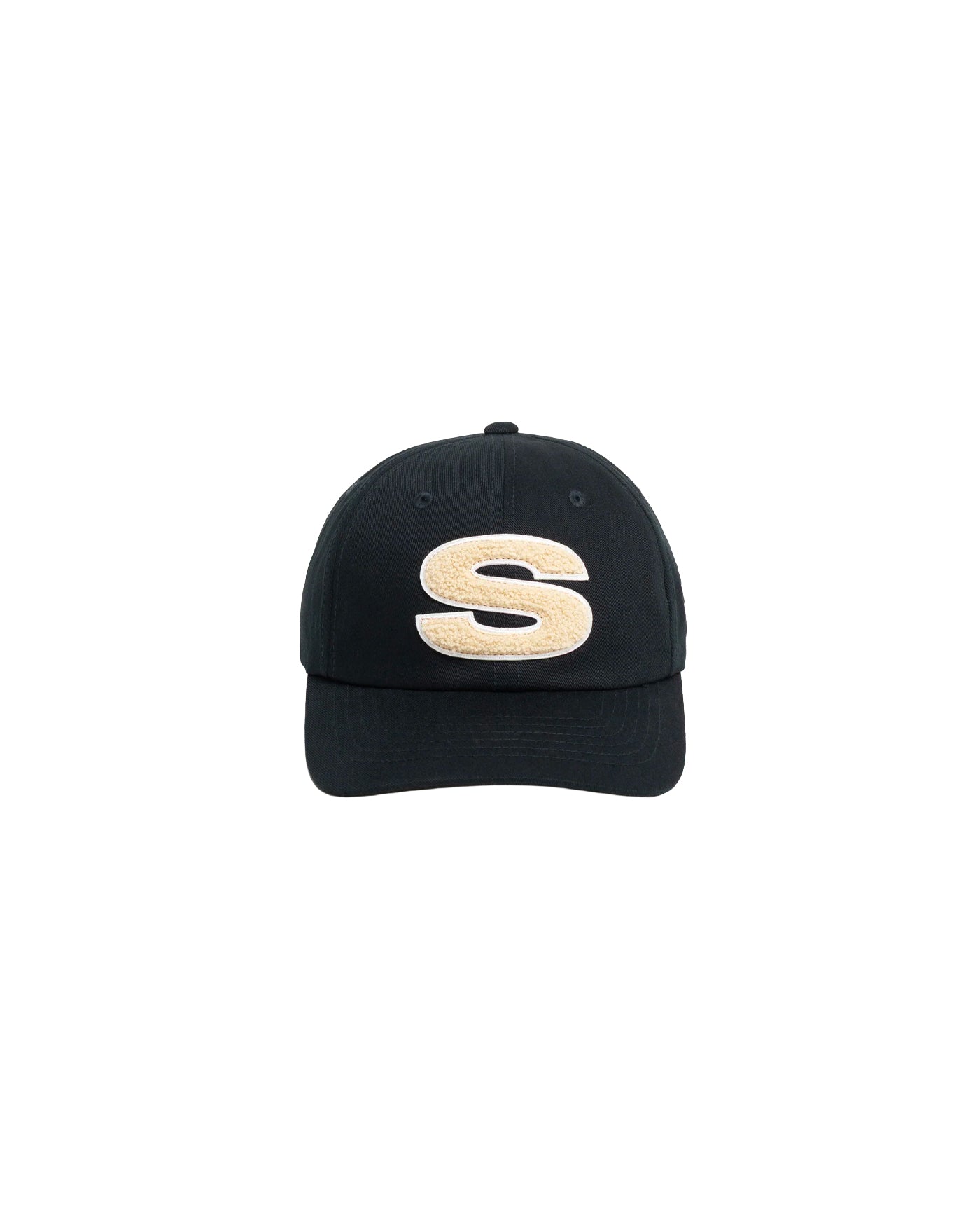 Casquette Stüssy Low Pro Chenille Shadow noire logo S beige face