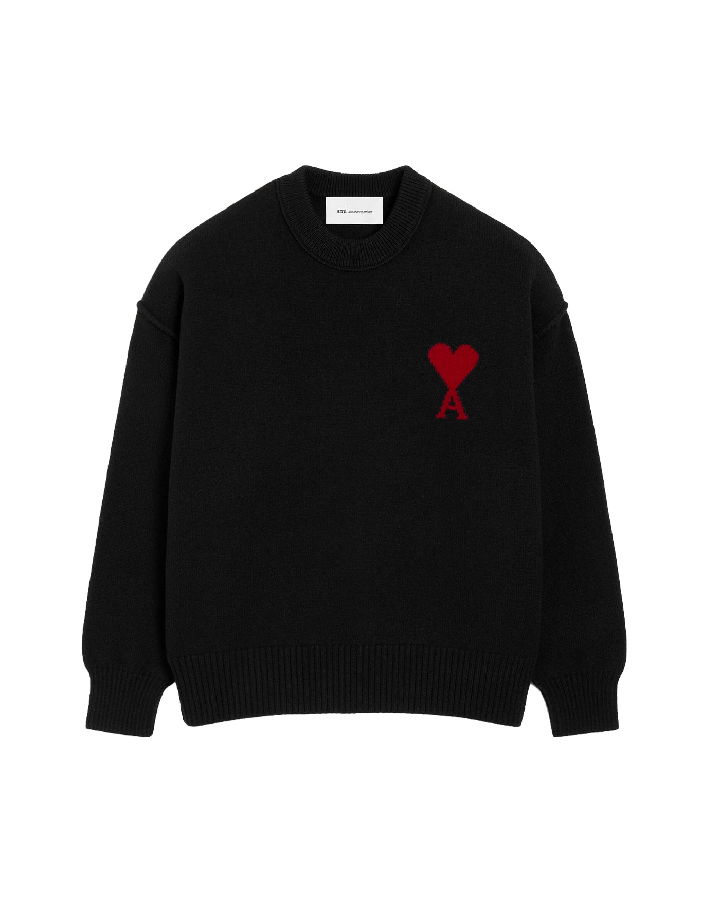 Pull col rond Ami Paris noir maille logo Ami de Coeur rouge face