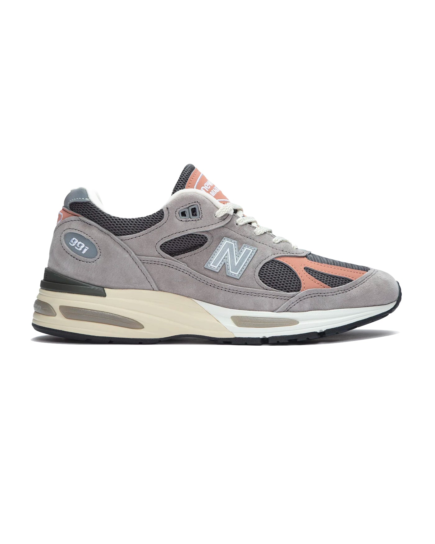 Sneakers New Balance 991 Made in UK gris et saumon profil droit