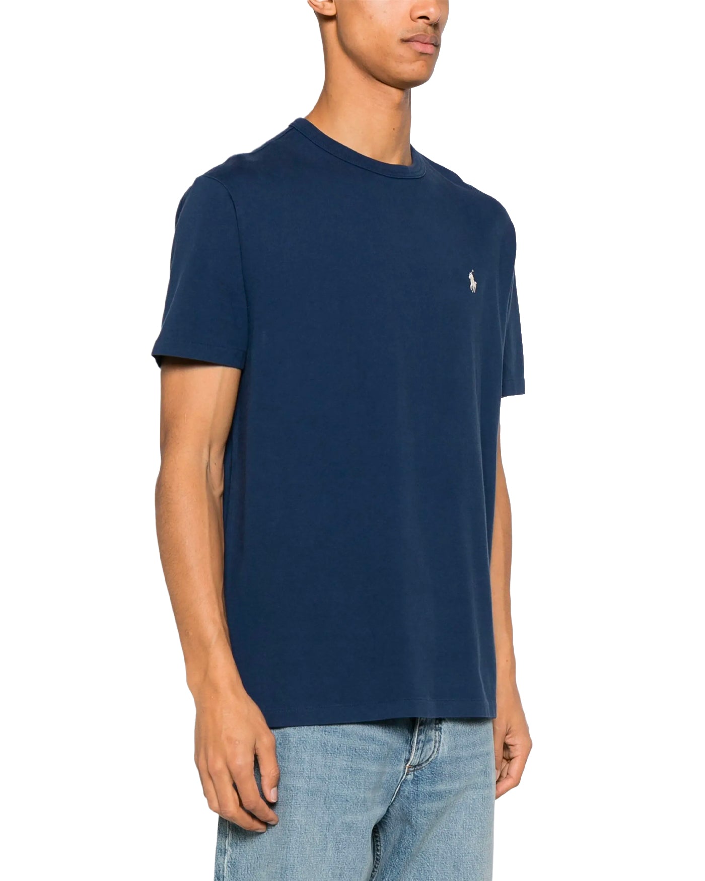 T-shirt Ralph Lauren bleu marine logo poney brodé profil gauche porté