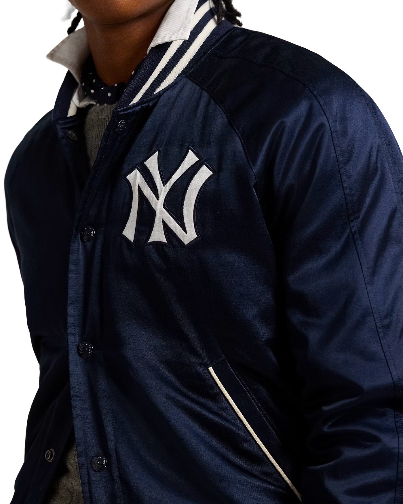 Veste baseball Ralph Lauren Yankees bleu marine portée, vue face
