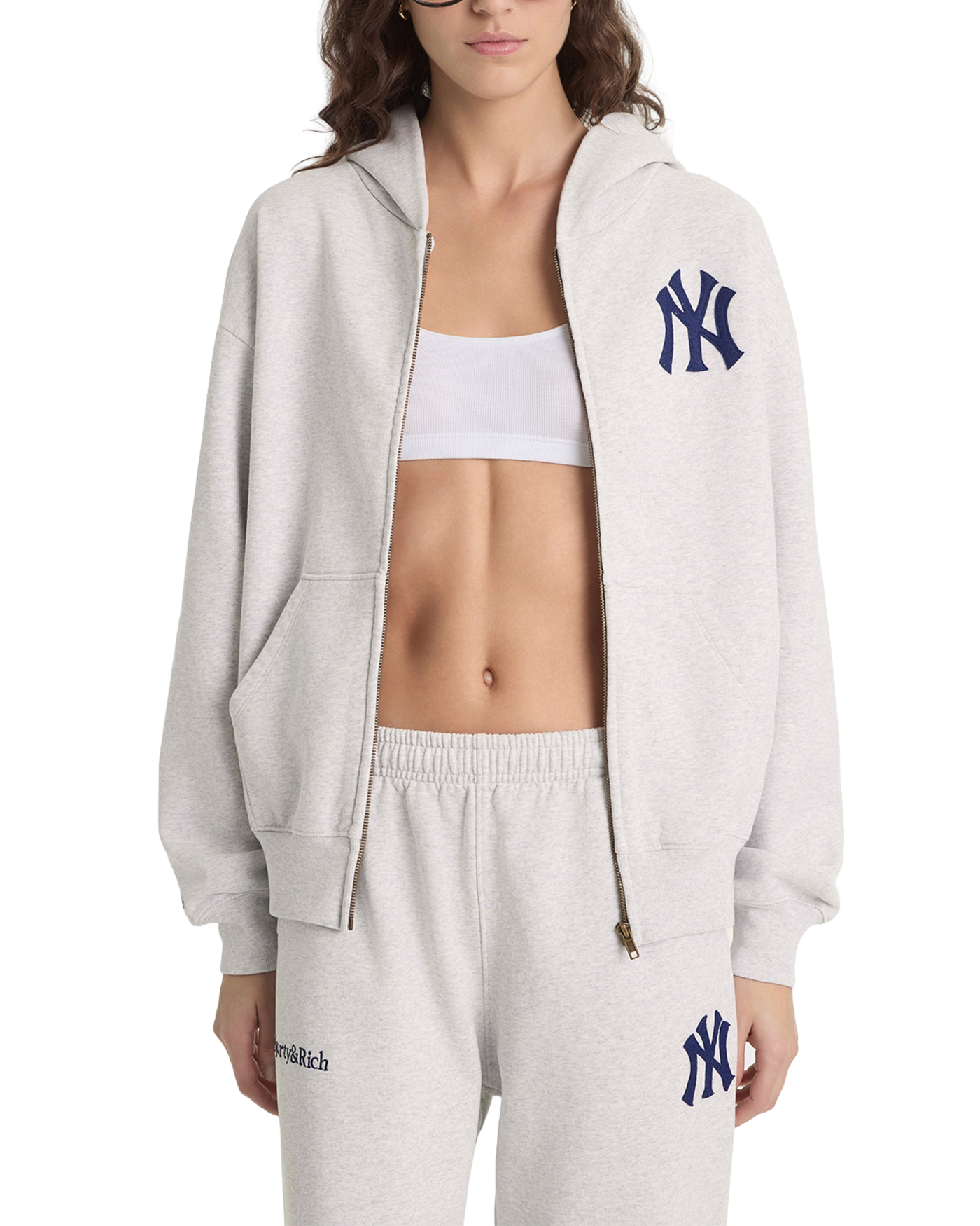 Sweat à capuche zippé Sporty & Rich Yankees gris chiné face porté