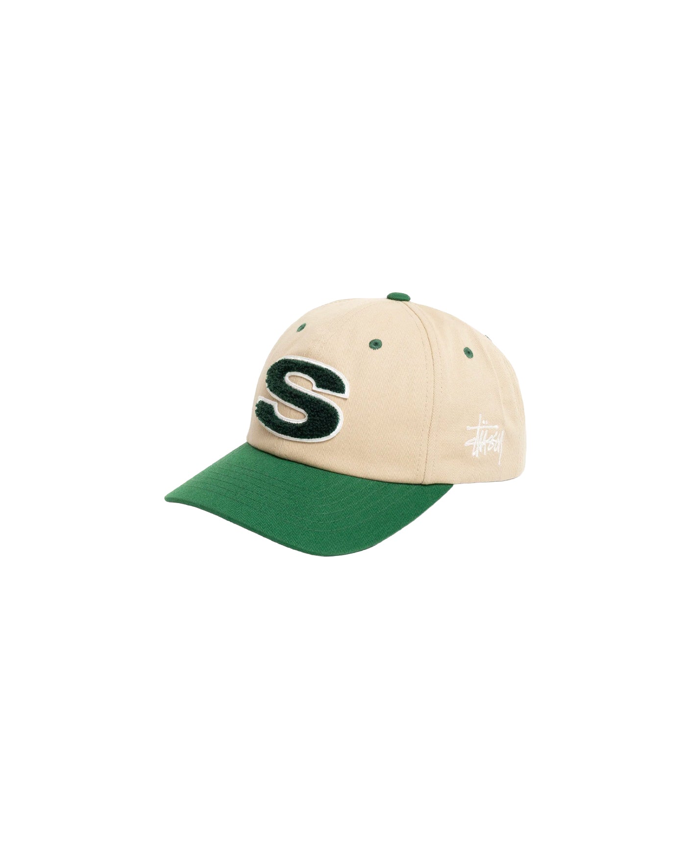 Casquette Stüssy Low Pro Chenille sable et verte profil droit