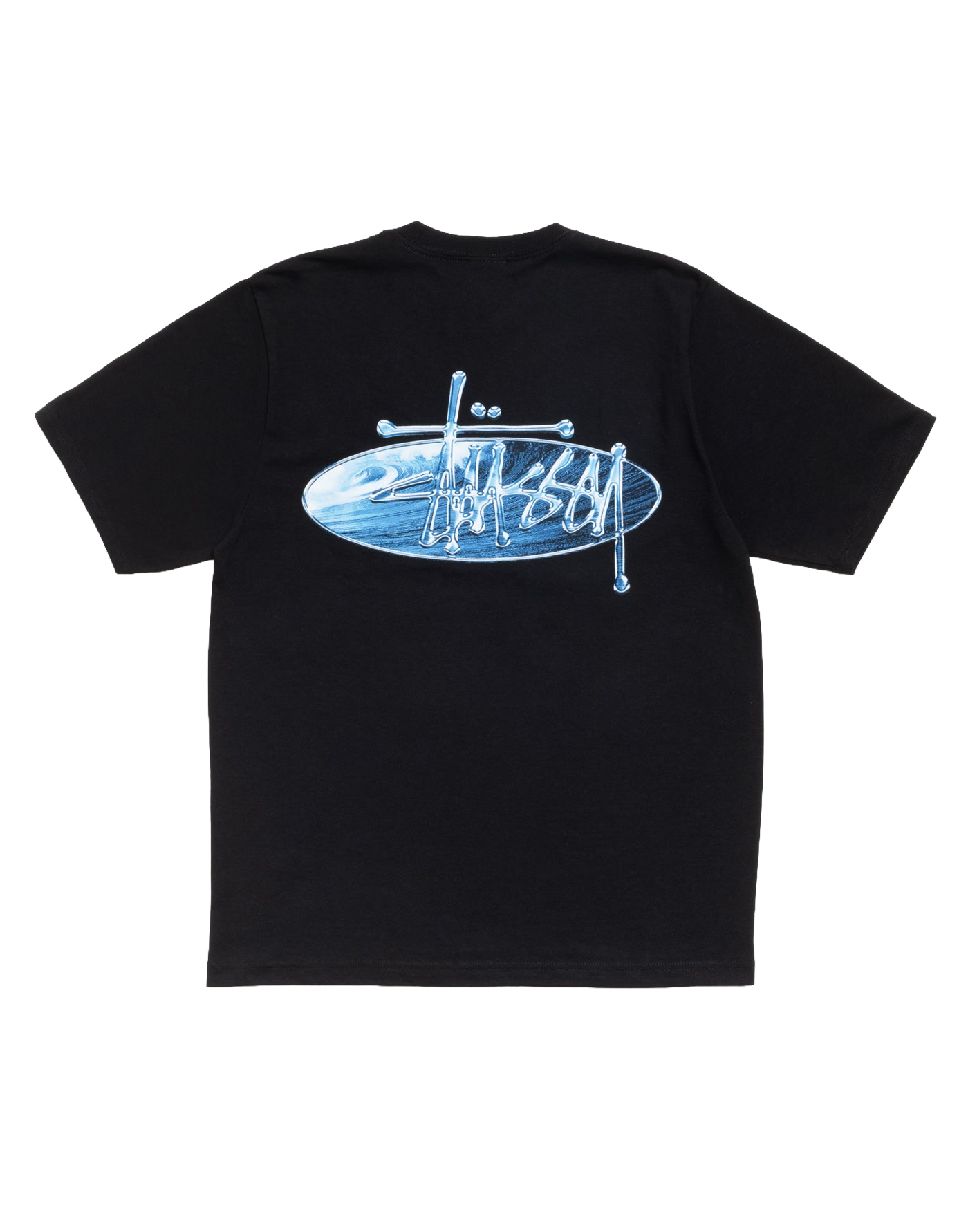 T-shirt Stüssy Wave Oval noir avec grand logo ovale bleu dos