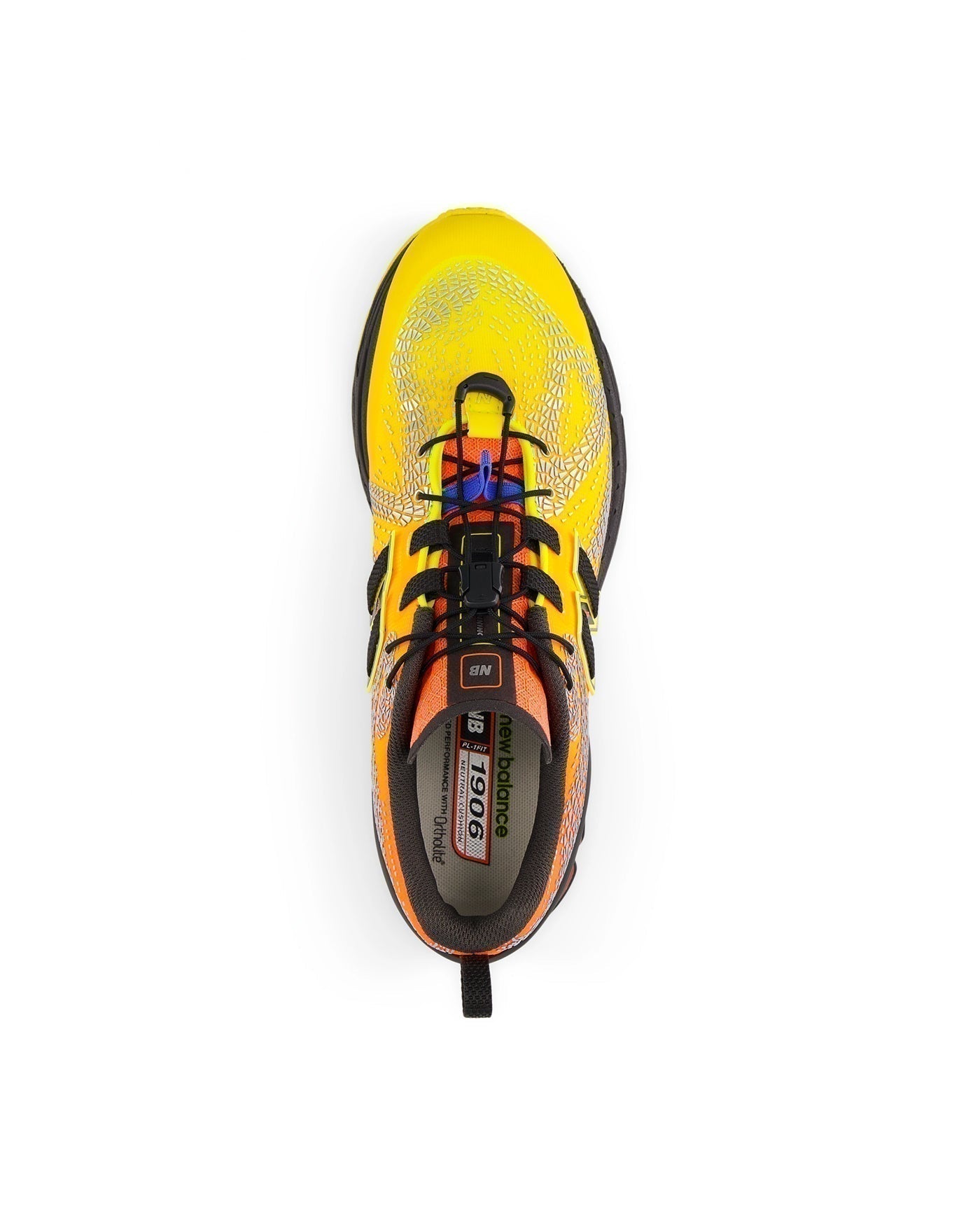 Sneakers New Balance 1906F jaune et orange vues de dessus en paire