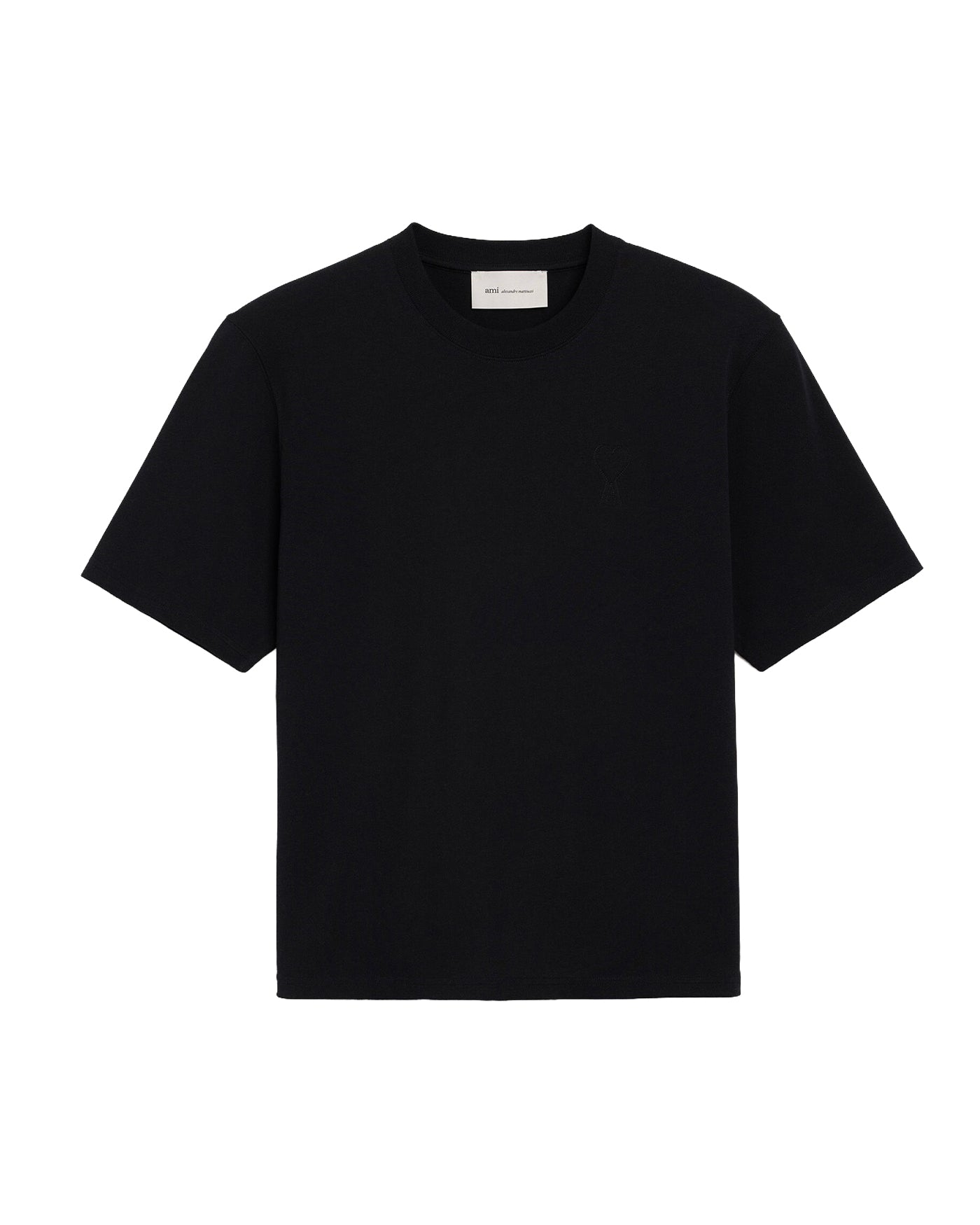 T-shirt Ami Paris noir uni logo cœur embossé poitrine vue face