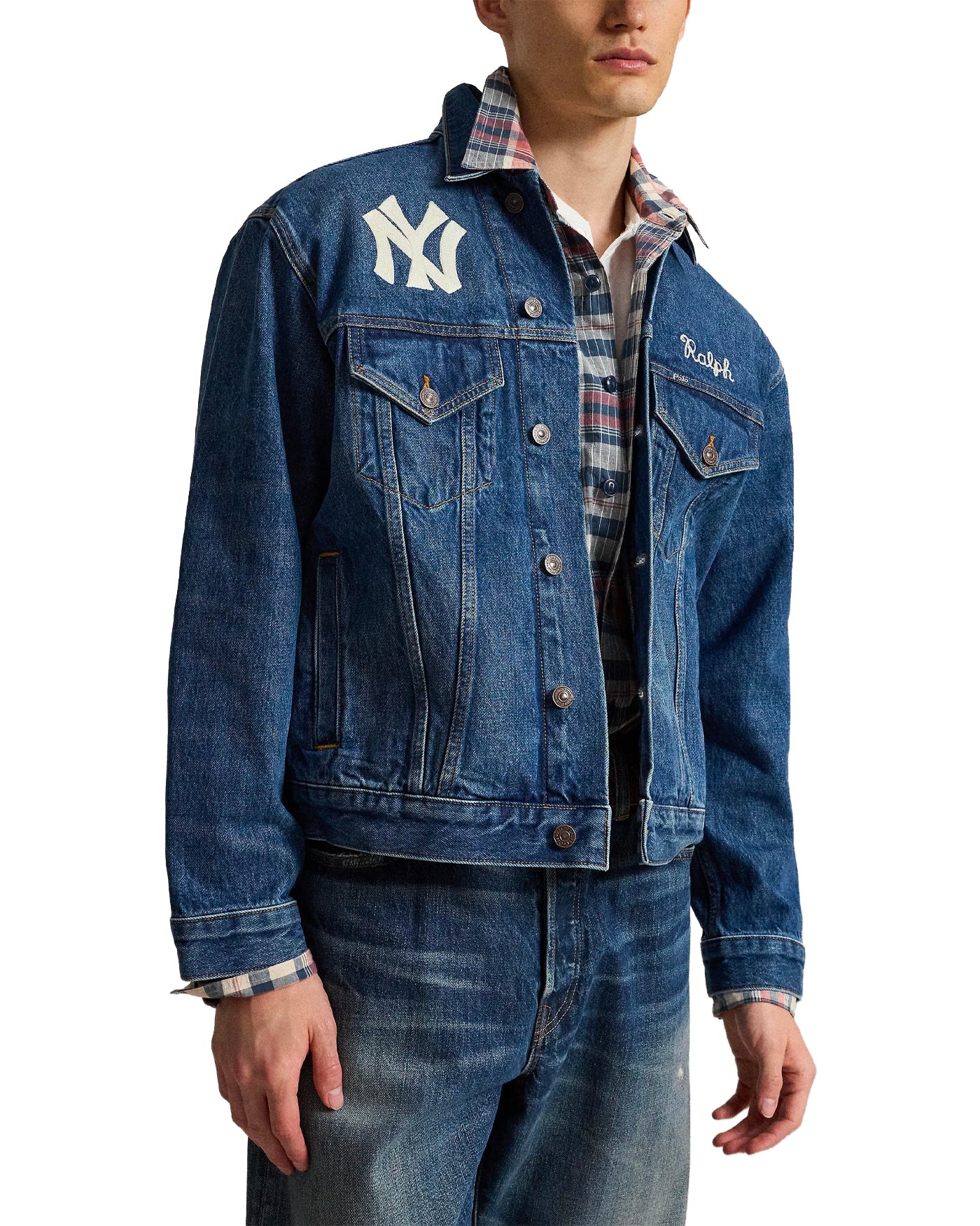 Veste en denim Ralph Lauren NY Yankees Elliots bleu indigo profil gauche