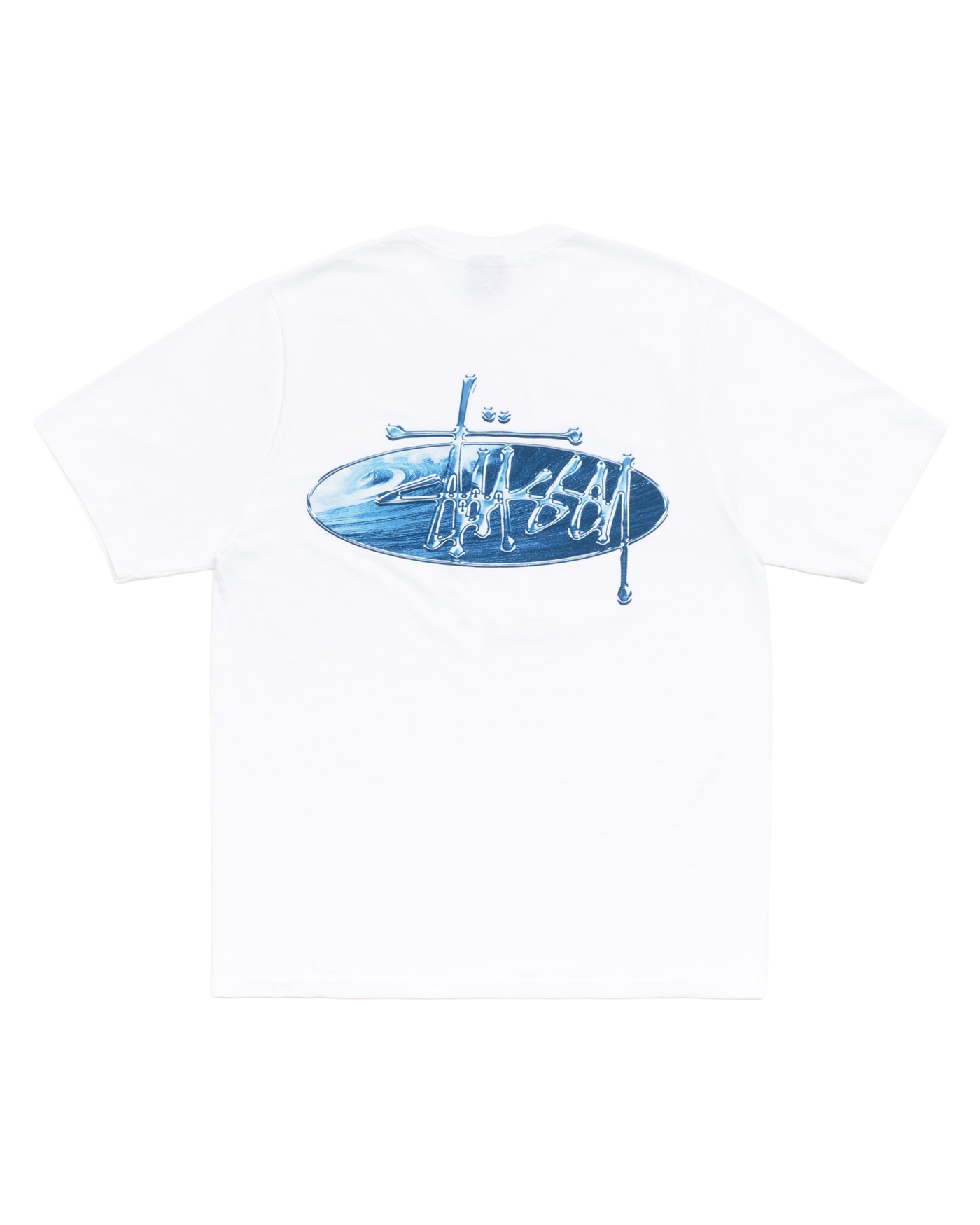T-shirt Stüssy Wave Oval blanc avec grand logo ovale bleu dos