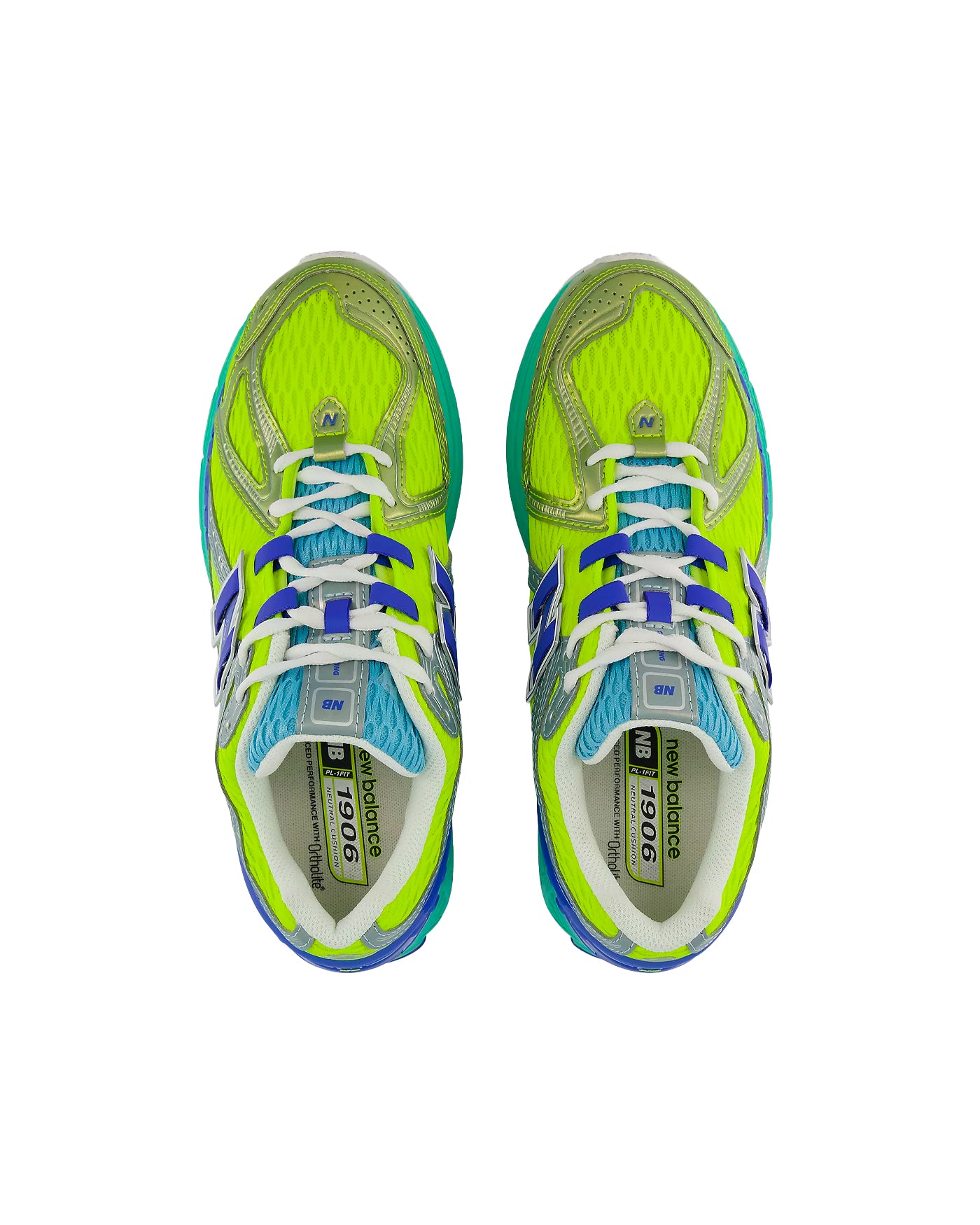 Sneakers New Balance 1906R jaune vert alkaline et bleu vue du dessus