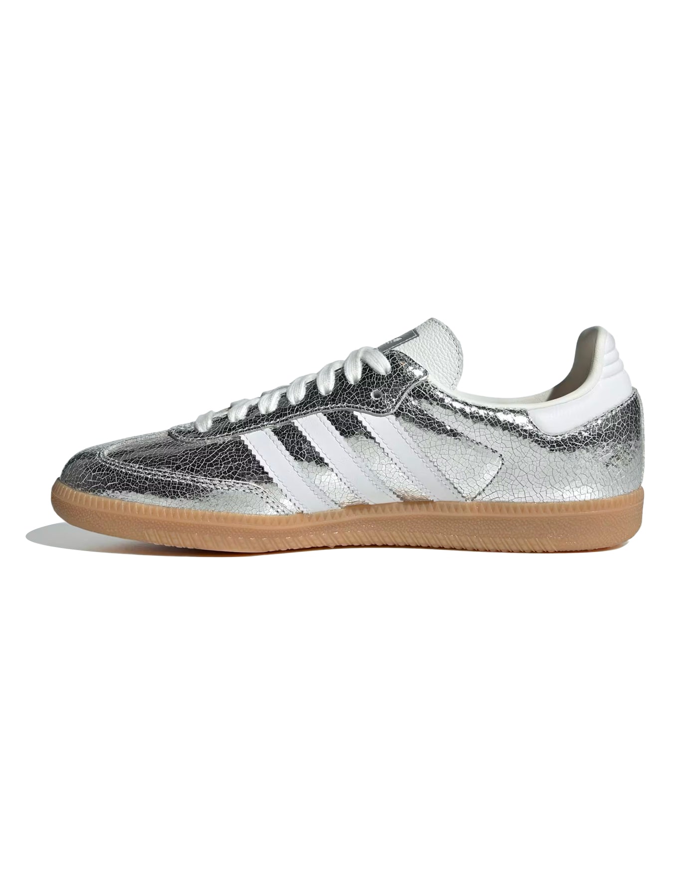 Sneakers Adidas Samba OG argentées bandes blanches semelle gum profil gauche