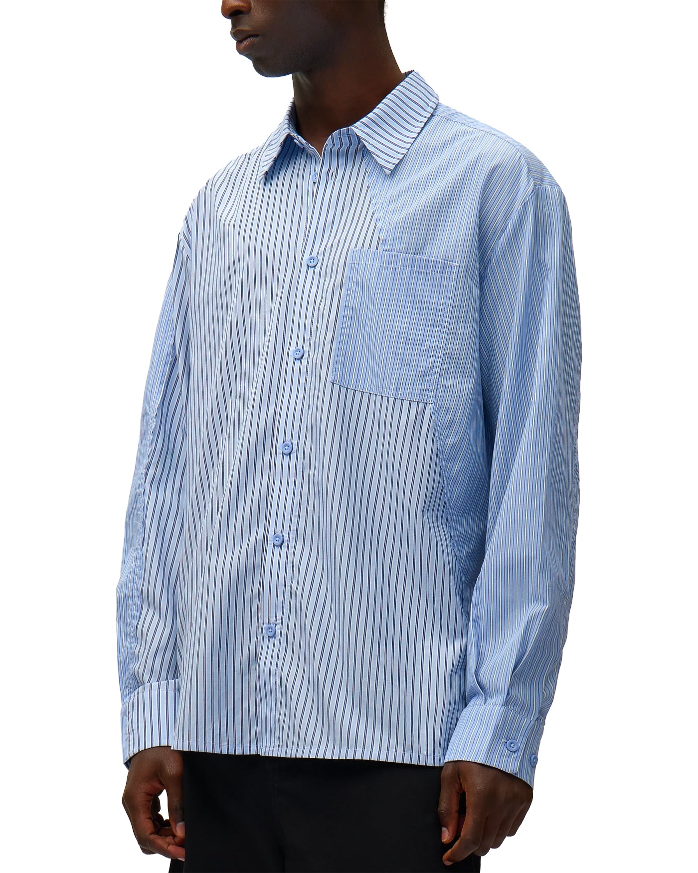 Chemise rayée asymétrique Arte Antwerp bleu et blanc profil gauche