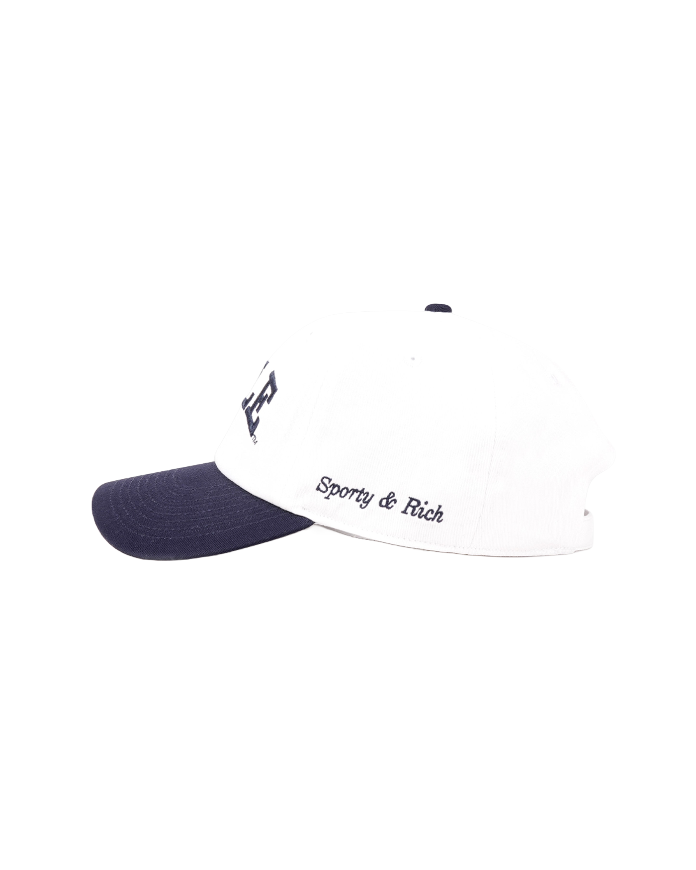 Casquette Sporty & Rich Yale Classic blanche visière bleu marine profil gauche
