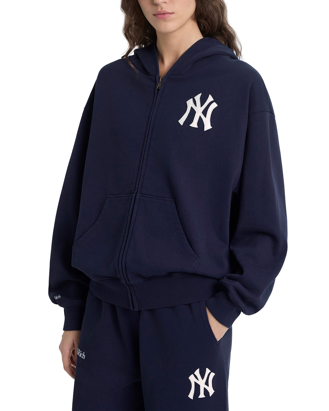 Sweat à capuche zippé Sporty & Rich Yankees bleu marine face porté