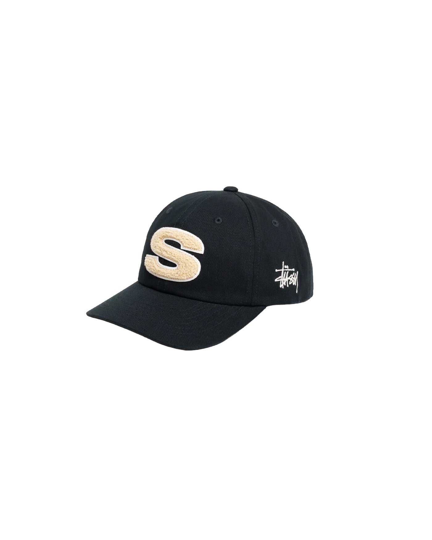 Casquette Stüssy Low Pro Chenille Shadow noire logo S beige profil droit