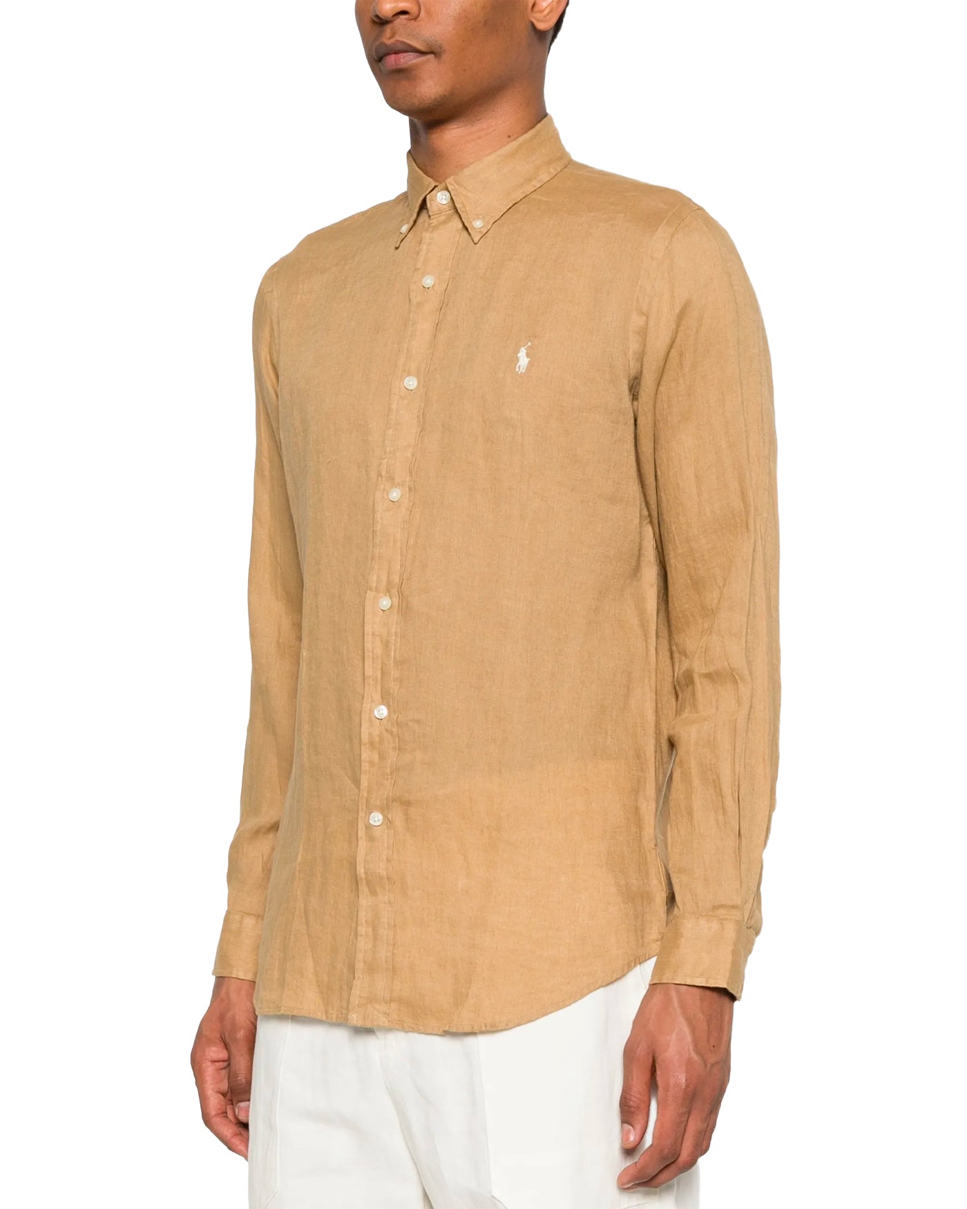 Chemise Ralph Lauren lin beige camel logo poney brodé profil droit
