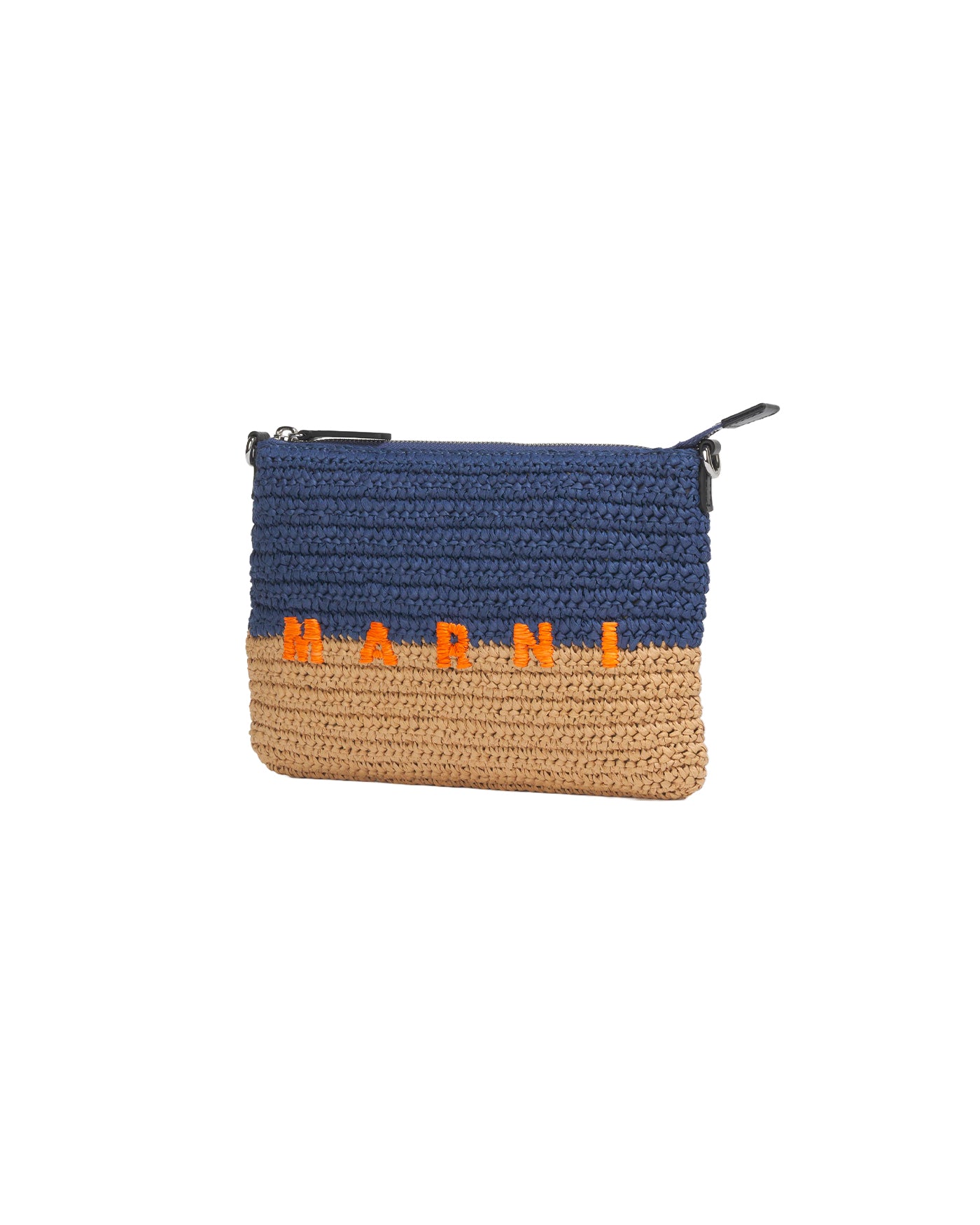 Pochette Marni bleue et beige en raphia tressé logo orange profil droit