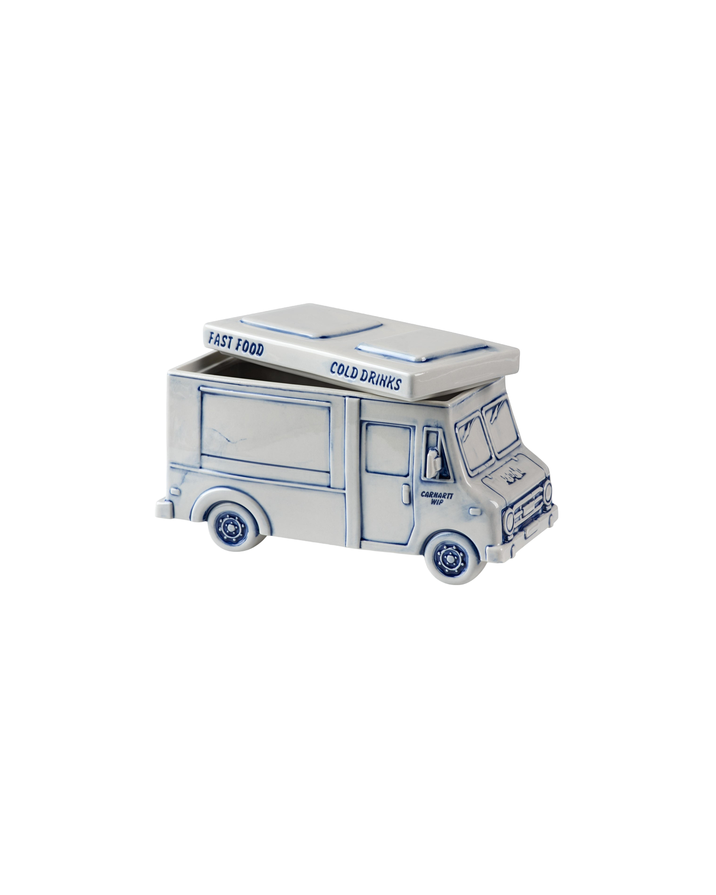 Distributeur de boissons Carhartt WIP en porcelaine bleue food truck ouvert profil gauche