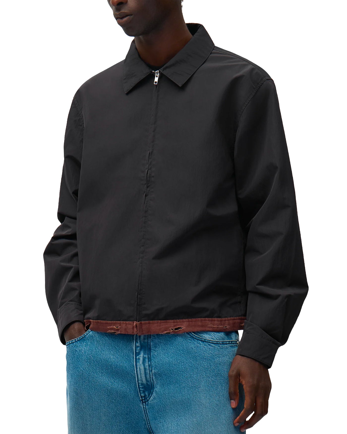 Veste Arte Antwerp noire col chemise bande bordeaux profil gauche