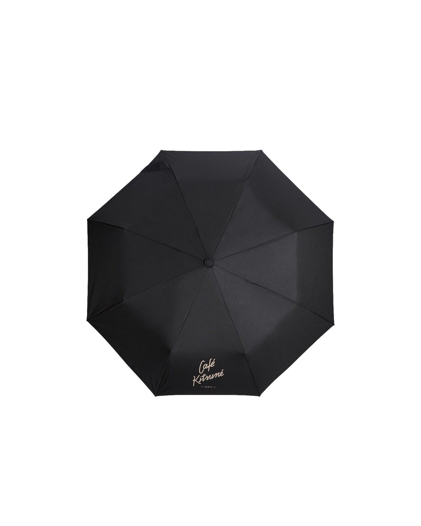 Parapluie pliant Café Kitsuné Paris noir logo crème déployé vue dessus
