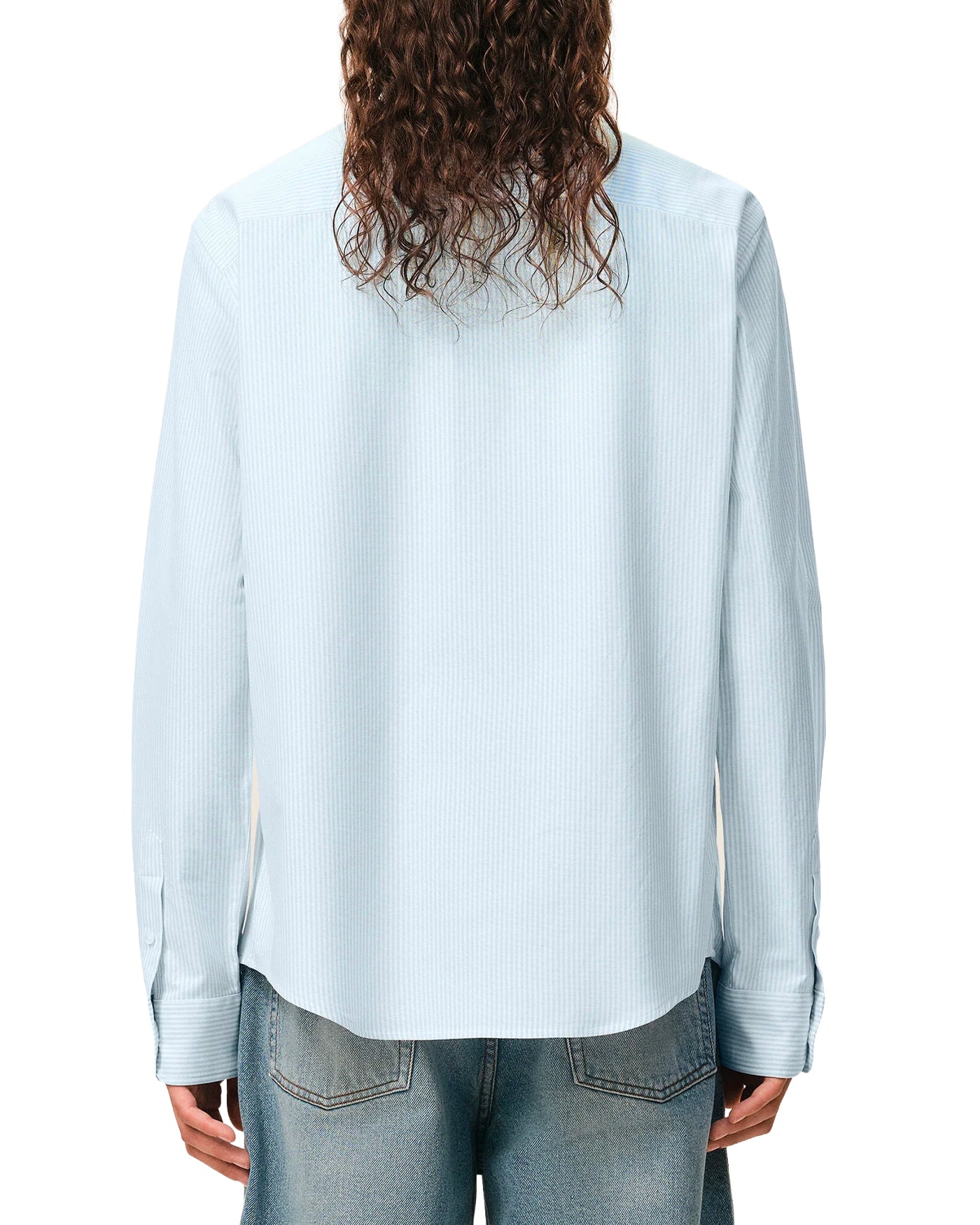Chemise oxford AMI Paris rayures bleu ciel blanc vue dos portée