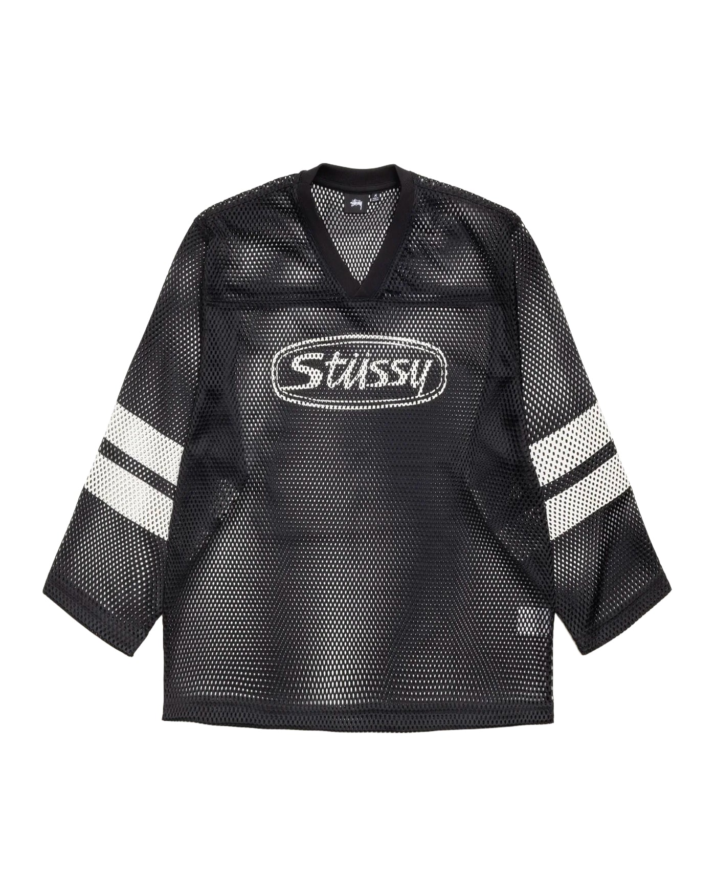 Jersey Stüssy Trucker Team maille mesh noir col V bandes blanches face