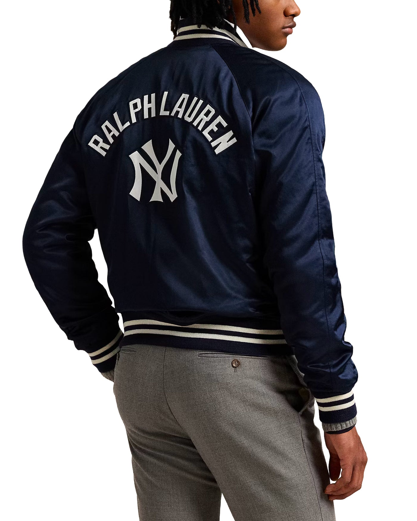 Veste baseball Ralph Lauren Yankees bleu marine portée, vue dos