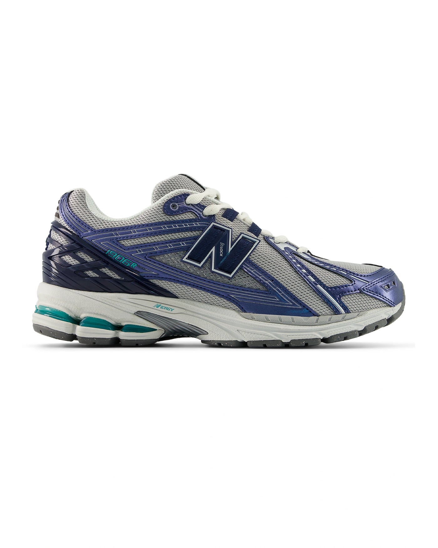 Sneakers New Balance 1906R gris clair et bleu marine profil droit
