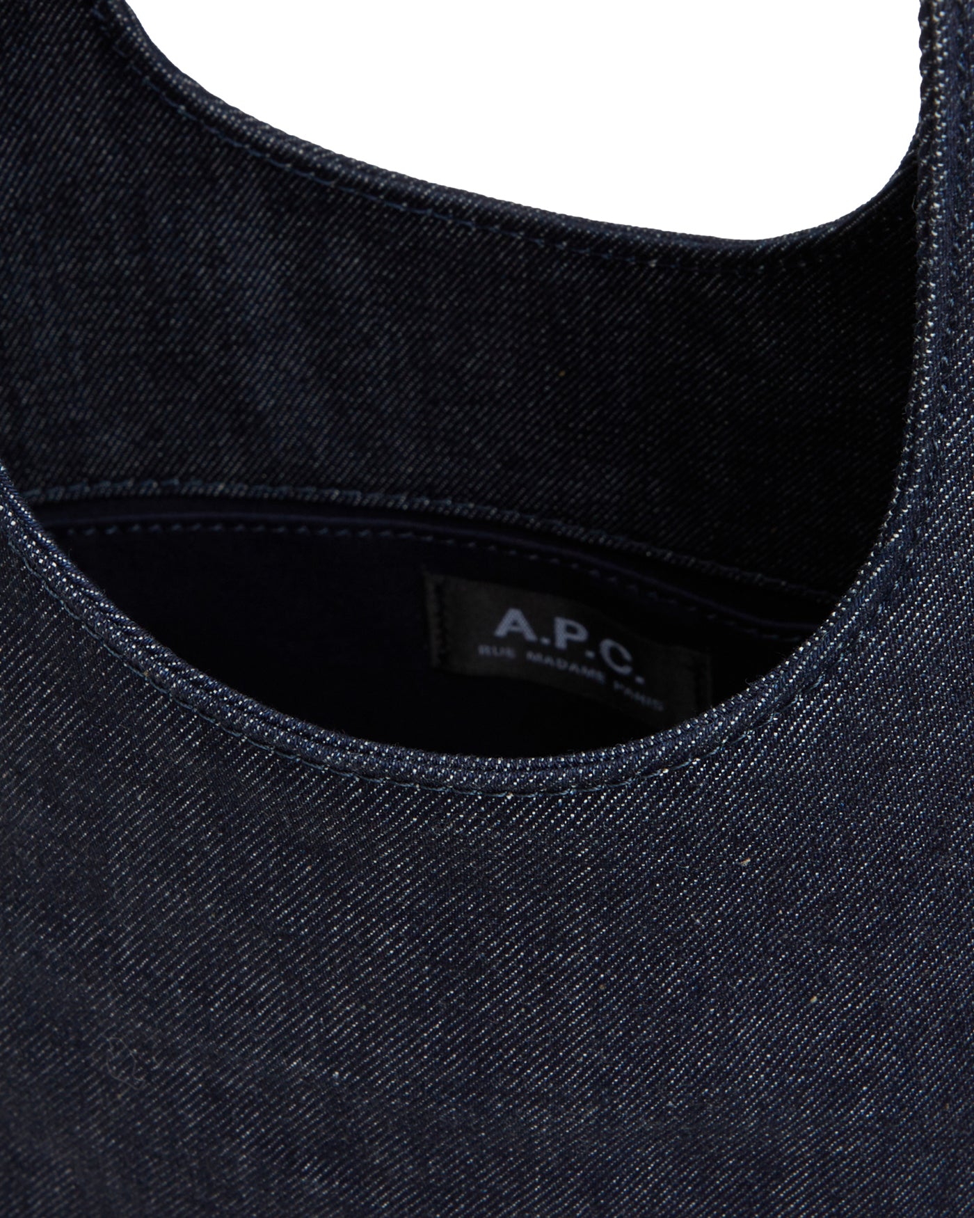 Tote bag A.P.C. Ninon Small indigo vue détail intérieur avec étiquette