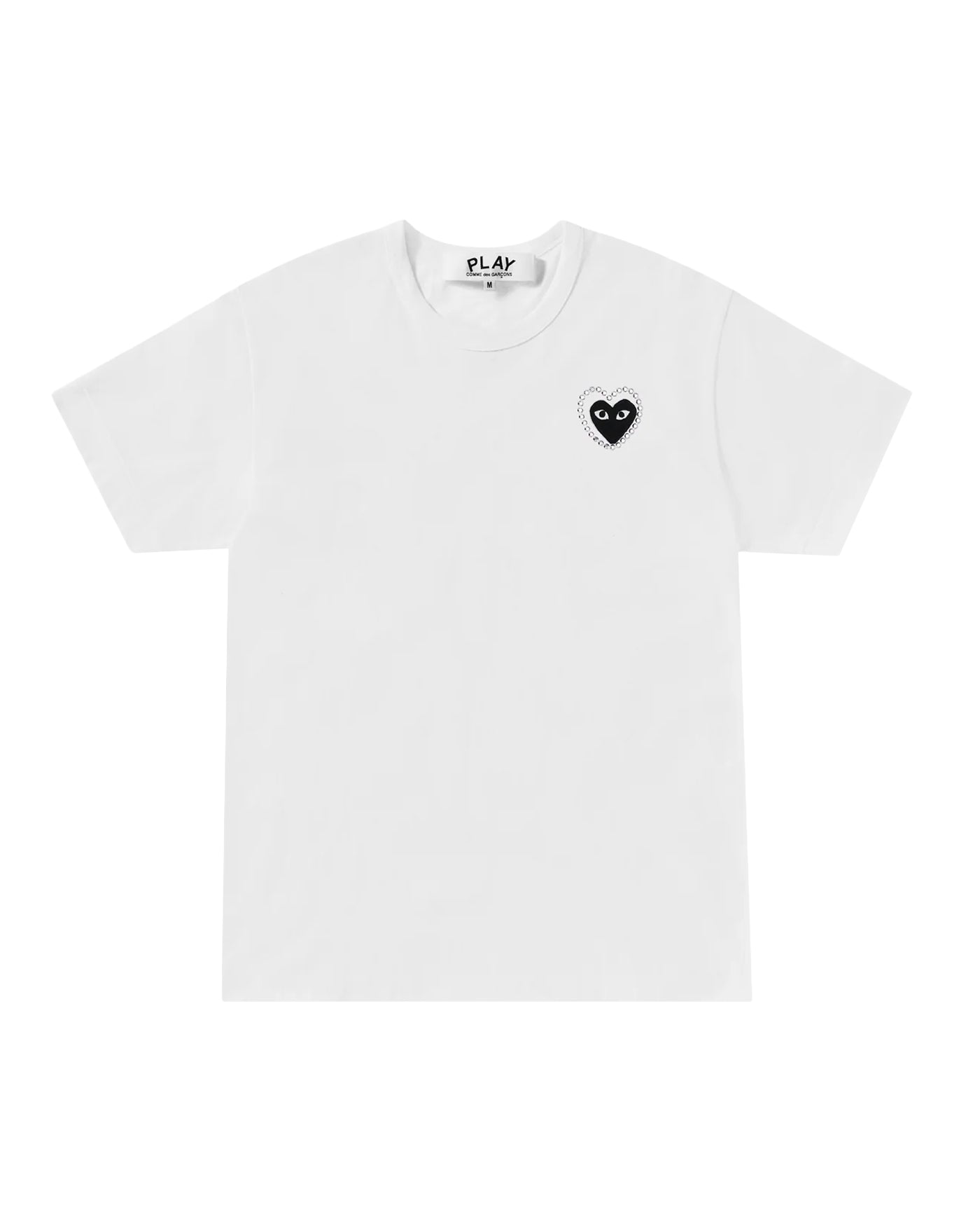 T-shirt Comme des Garçons Play blanc cœur noir strass argent, face