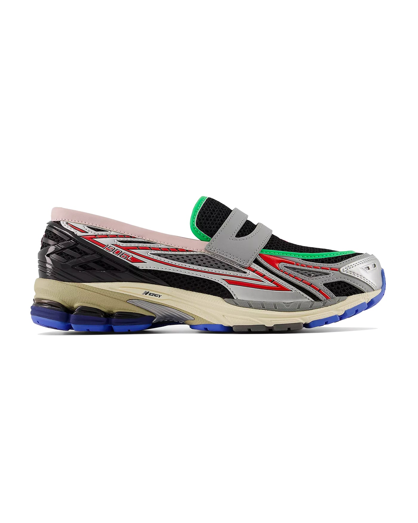 Sneakers New Balance 1906L noir argent et vert fluo avec rouge profil droit