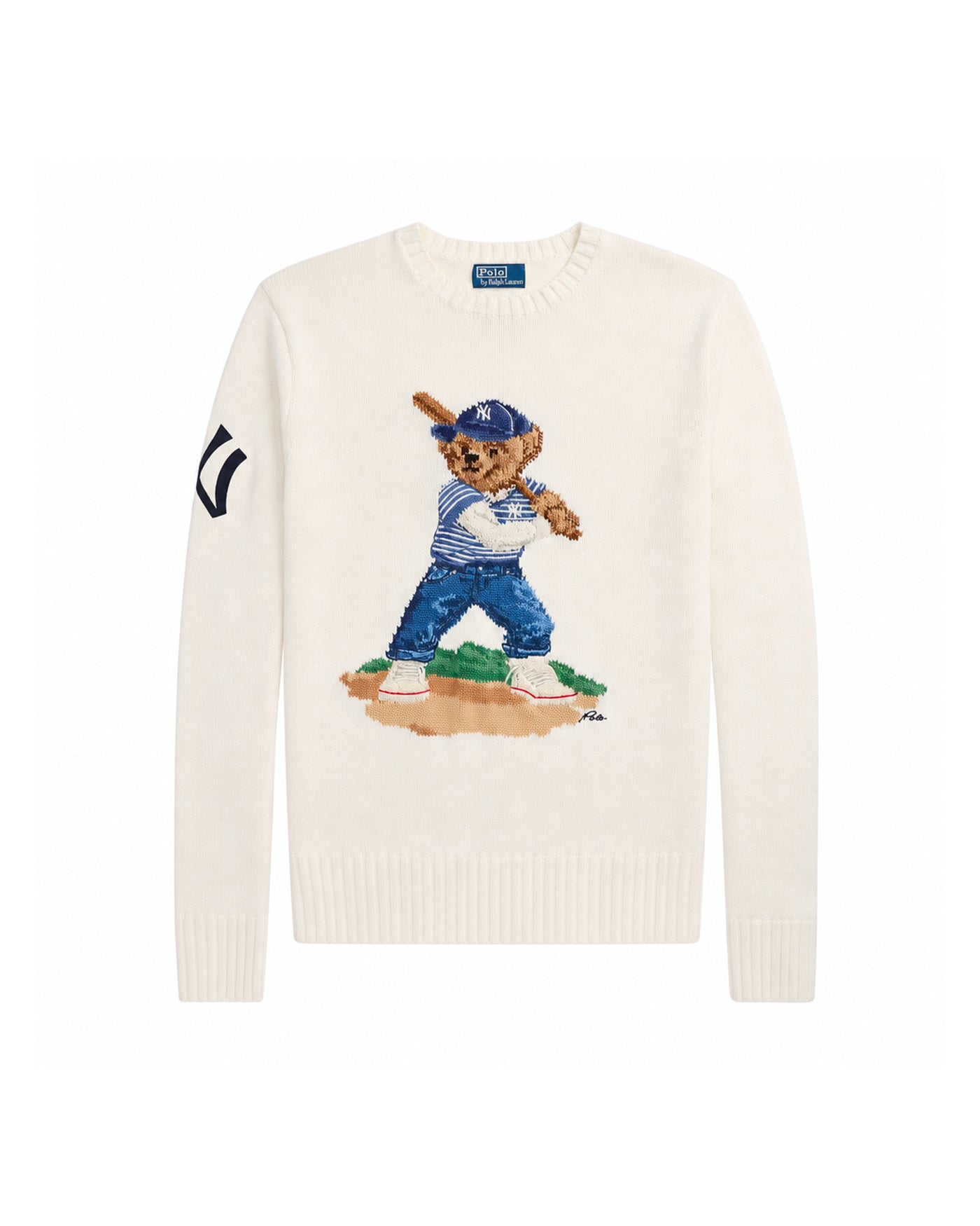 Pull col rond Ralph Lauren blanc Polo Bear Yankees intarsia face