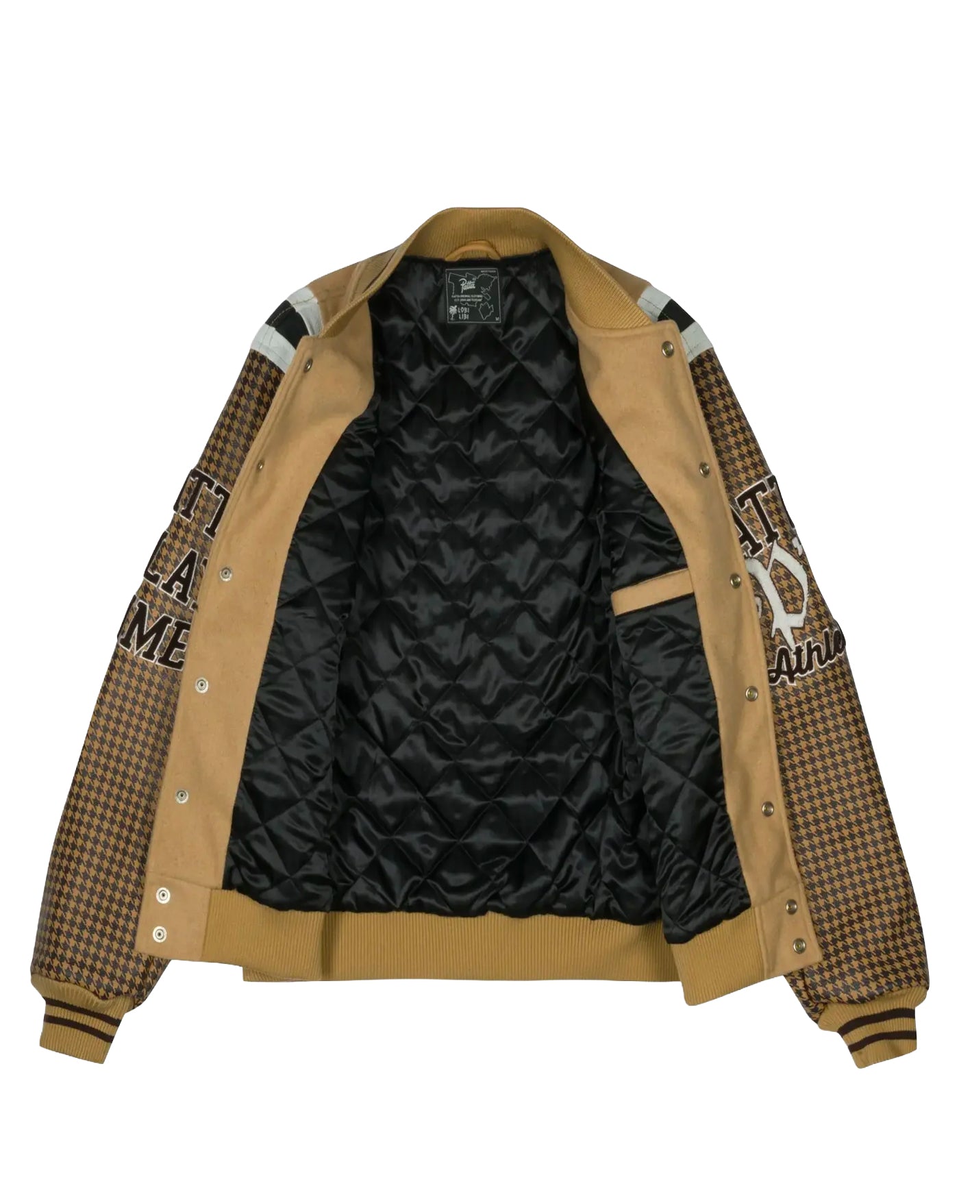 Veste varsity Patta Athletic camel pied-de-poule intérieur matelassé noir face