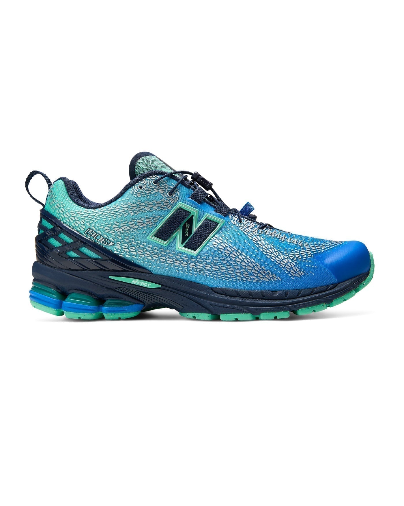 Sneakers New Balance 1906F bleu turquoise et menthe profil gauche