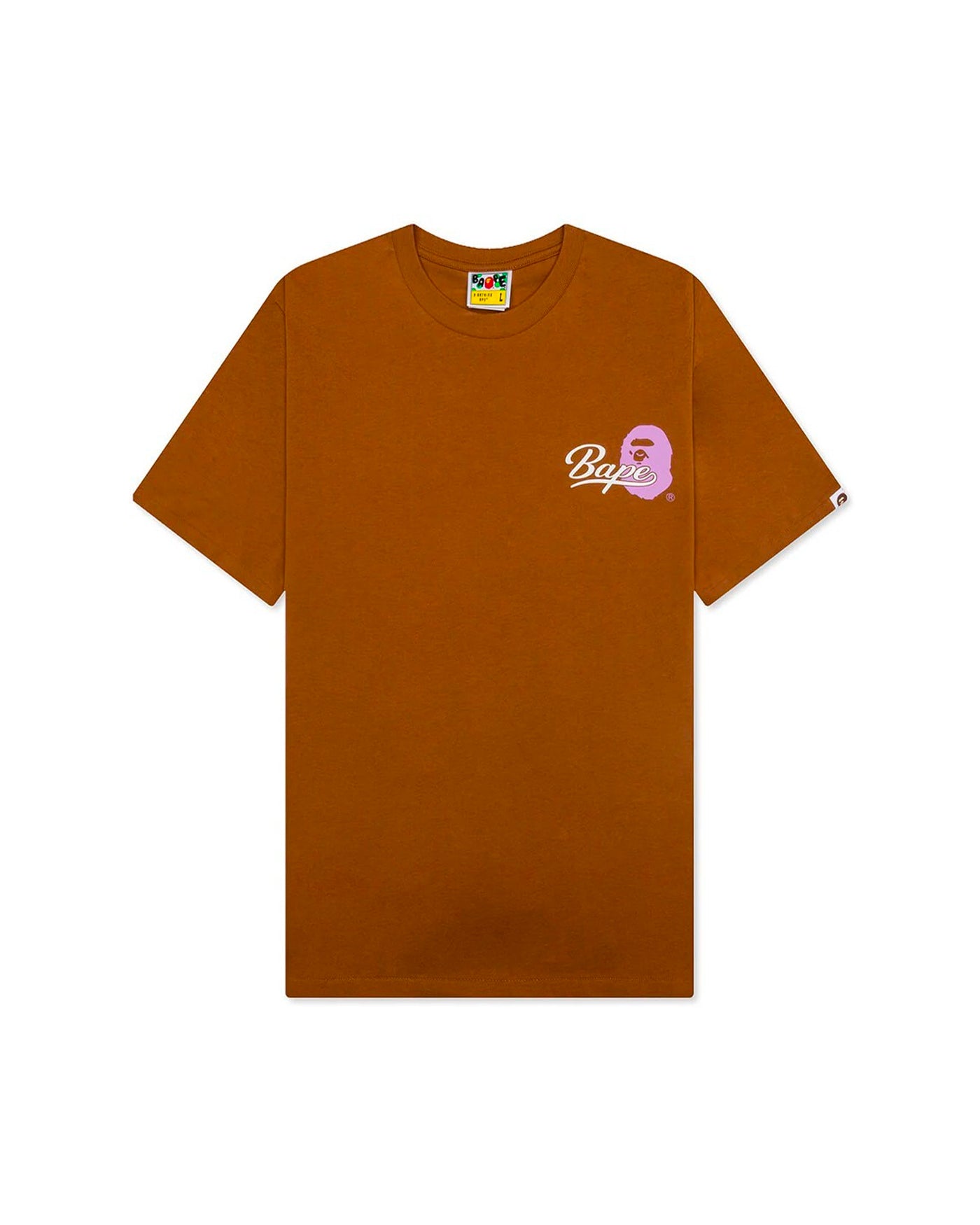 T-shirt Bape marron logo cursif Bape et tête de singe rose vue face