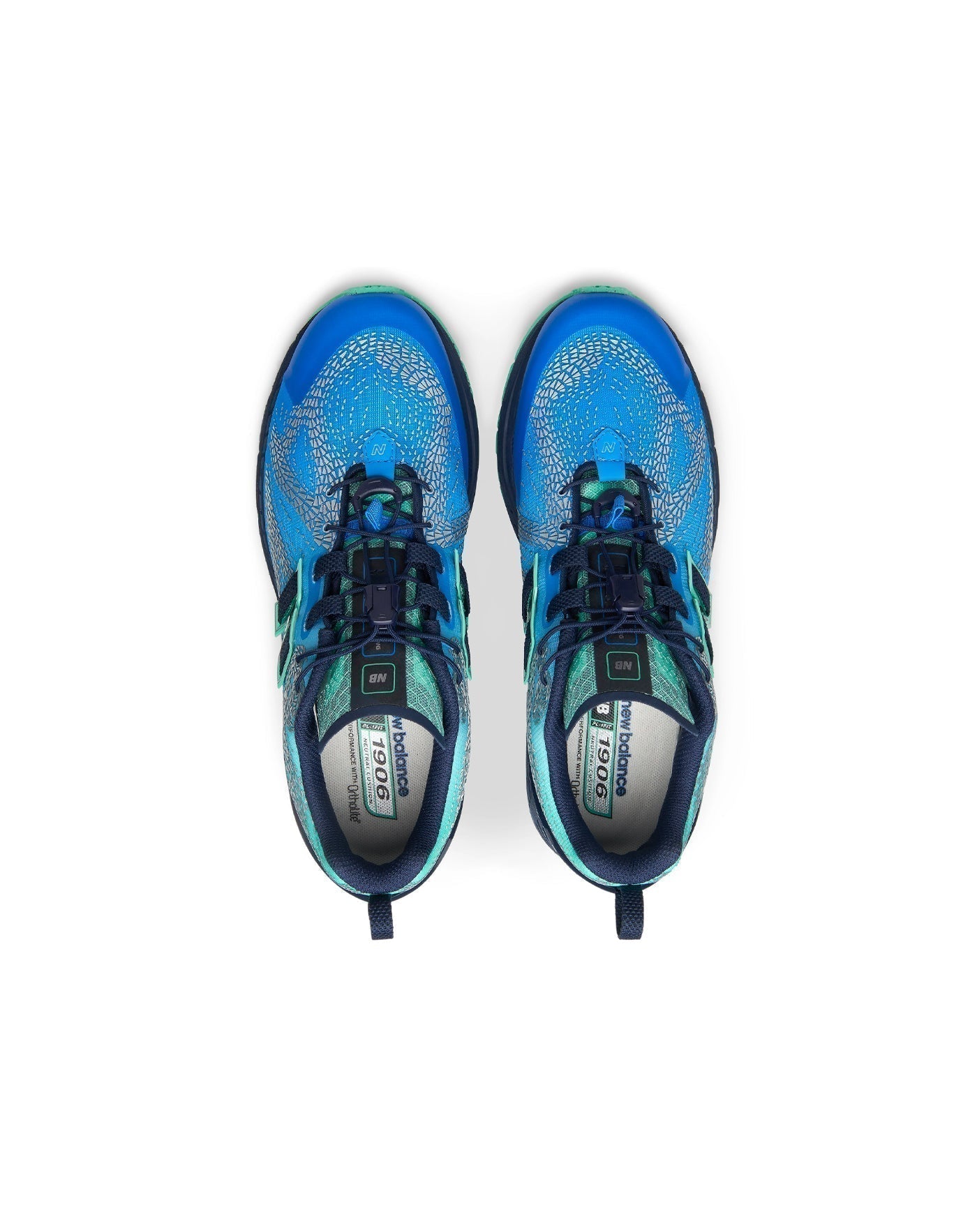 Sneakers New Balance 1906F bleu turquoise et menthe vues de dessus