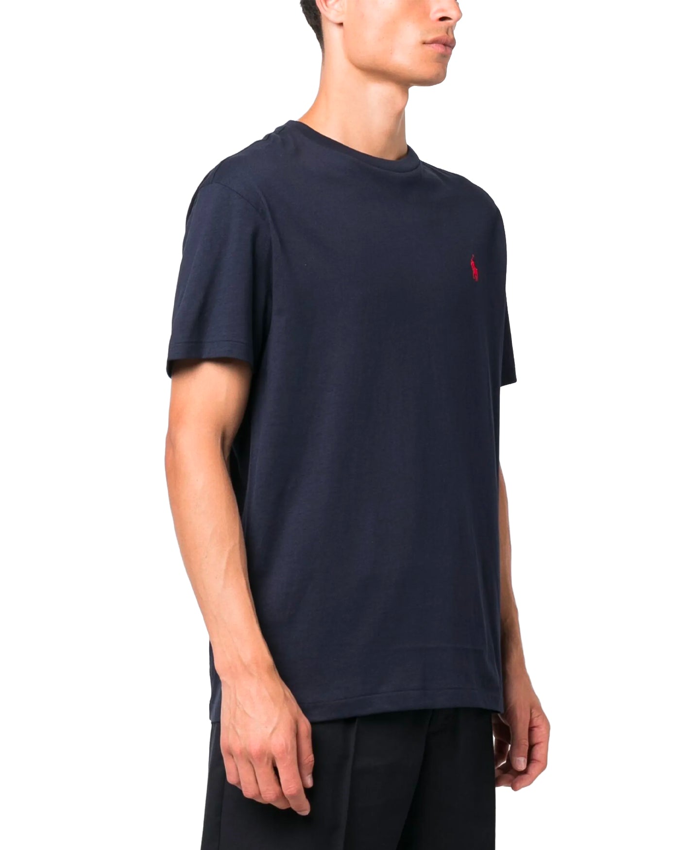 T-shirt Ralph Lauren jersey col rond bleu marine logo poney profil gauche