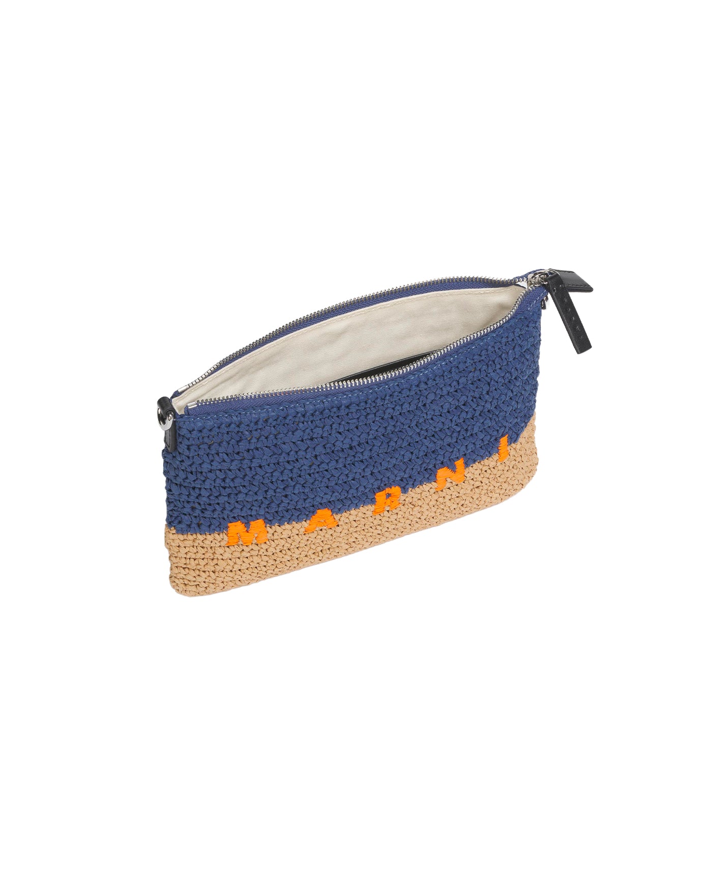 Pochette Marni bleue et beige en raphia tressé ouverte intérieur profil droit